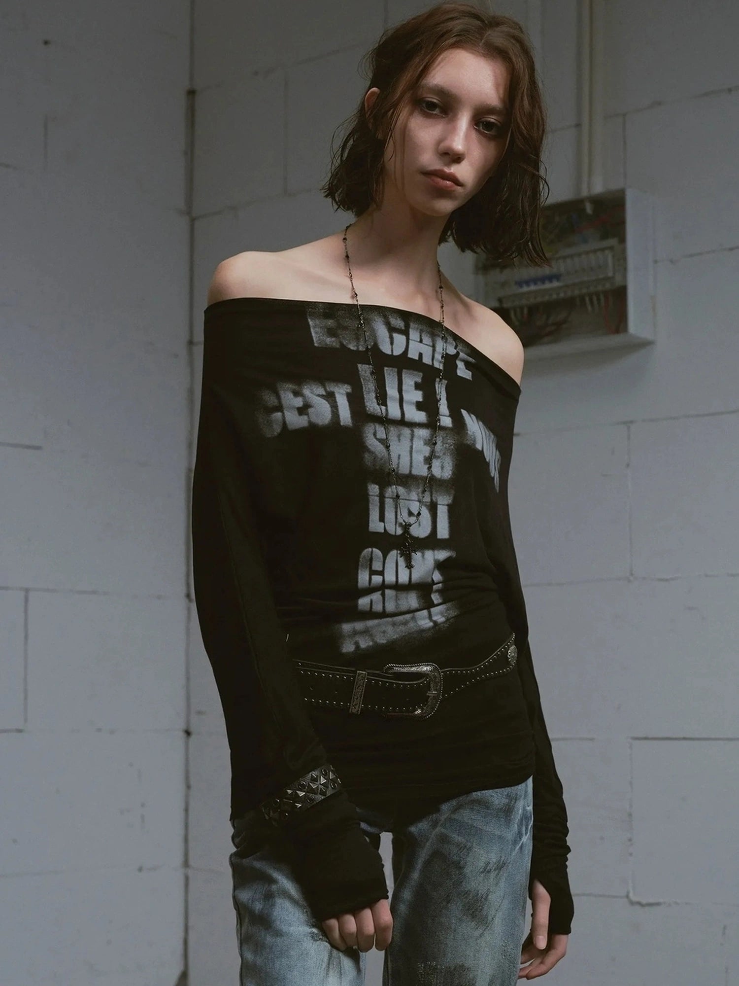 Chinese Clothing Cest Nous Update Lost Cross Print Batwing Sleeve Top