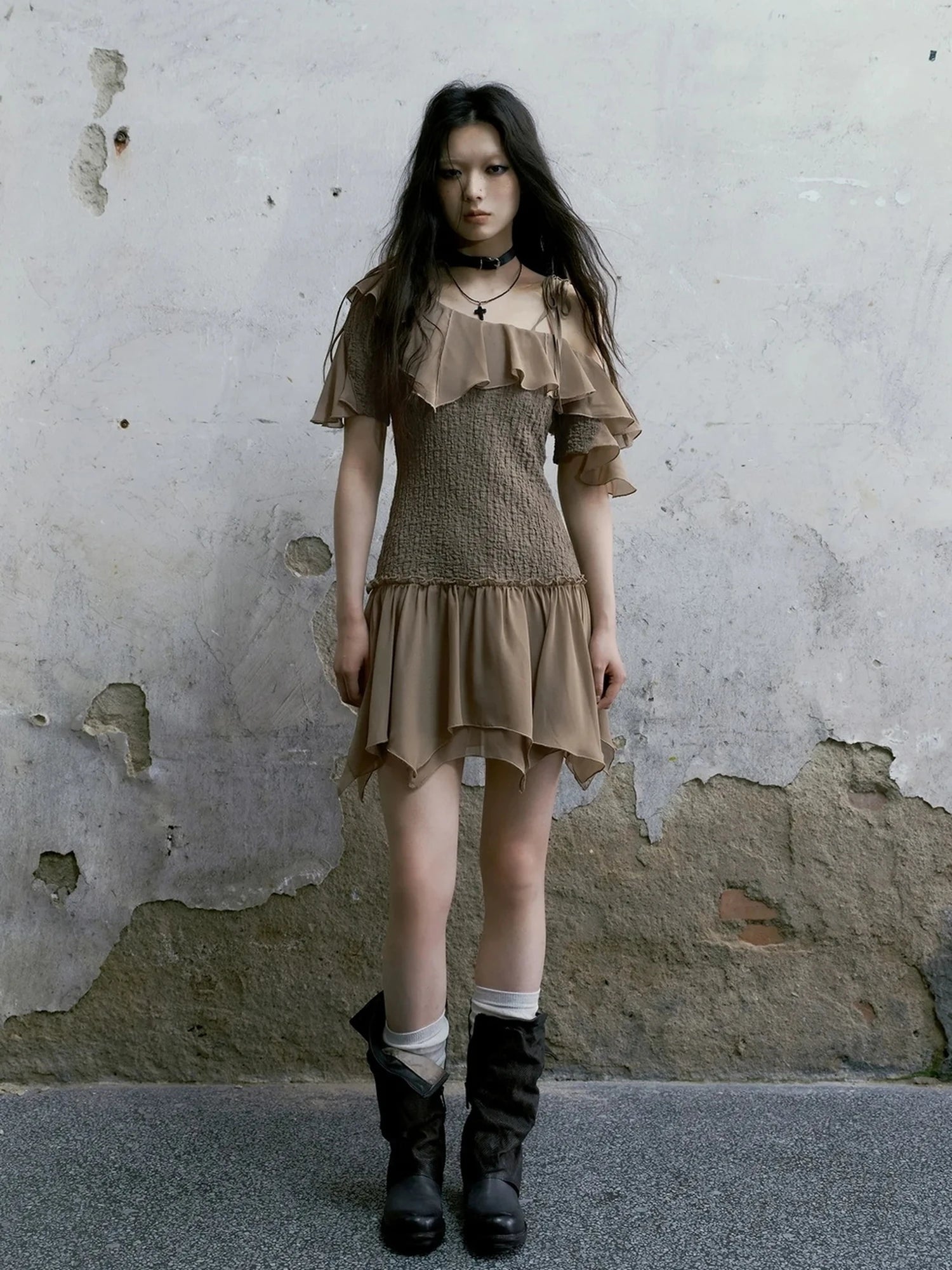 Chinese Clothing Cest Nous Update Off Shoulder Knitted Chiffon Wave Dress
