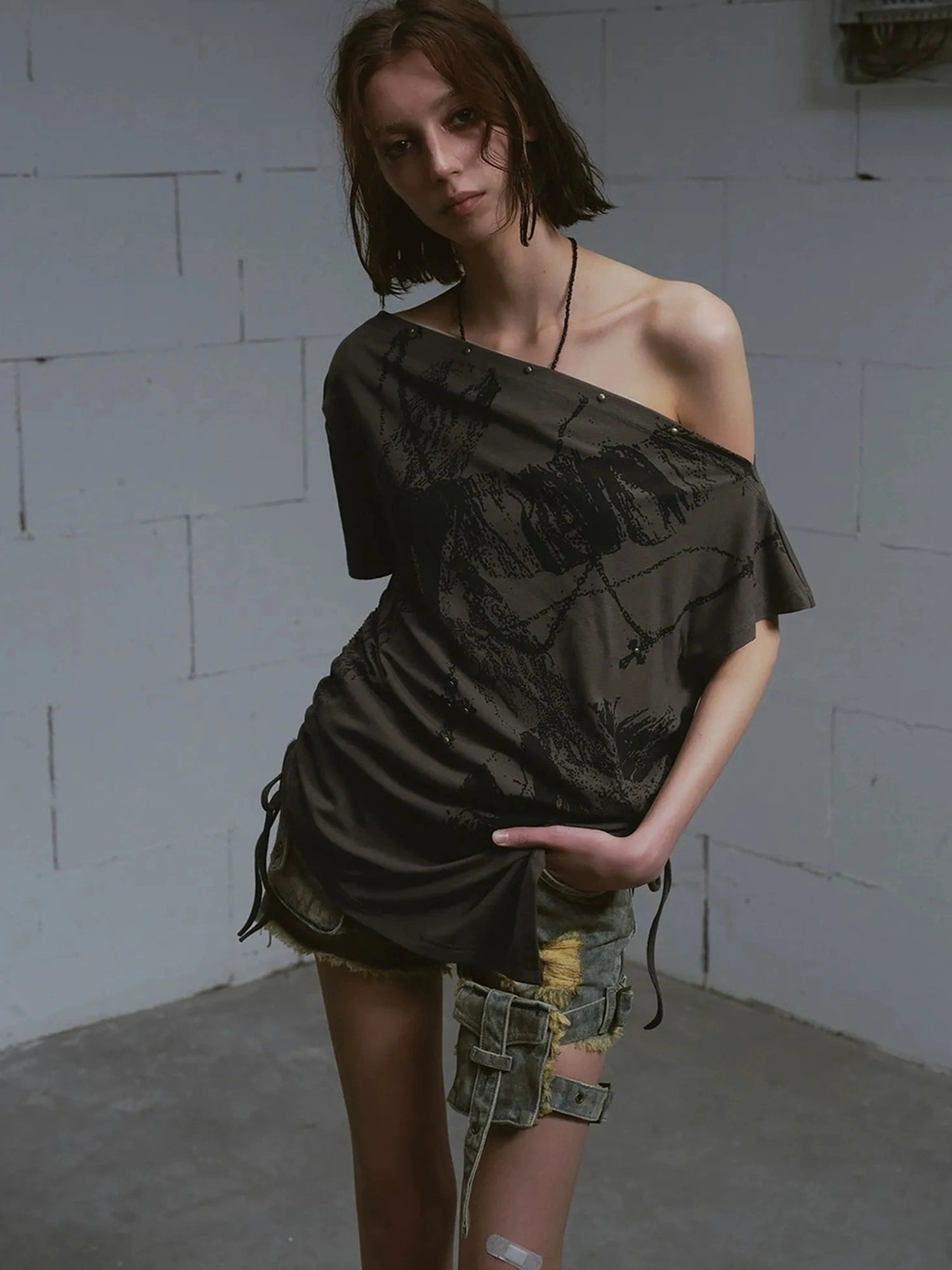 Chinese Clothing Cest Nous Update Oversize Off Shoulder Printed Tencel Tee