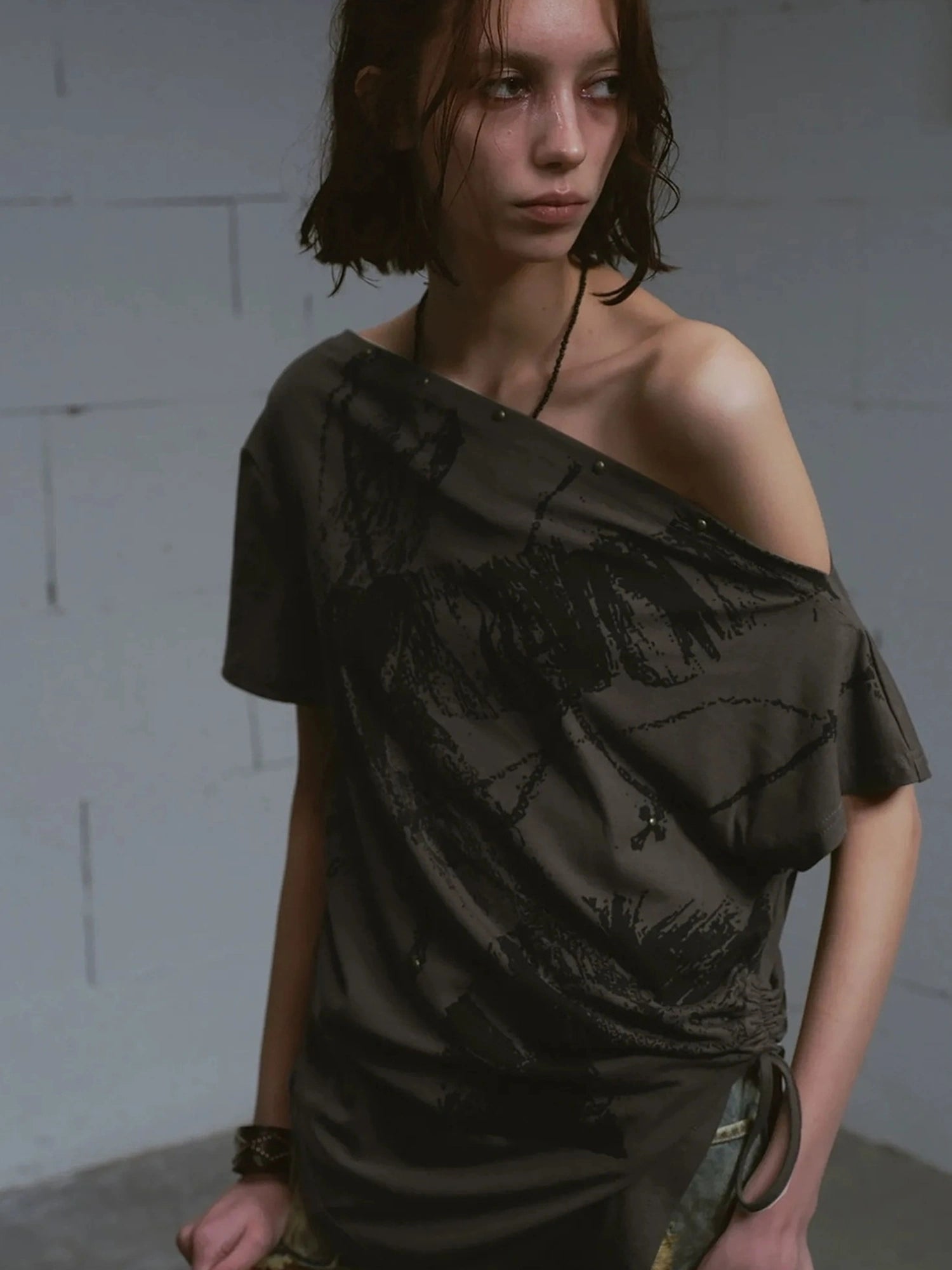 Chinese Clothing Cest Nous Update Oversize Off Shoulder Printed Tencel Tee