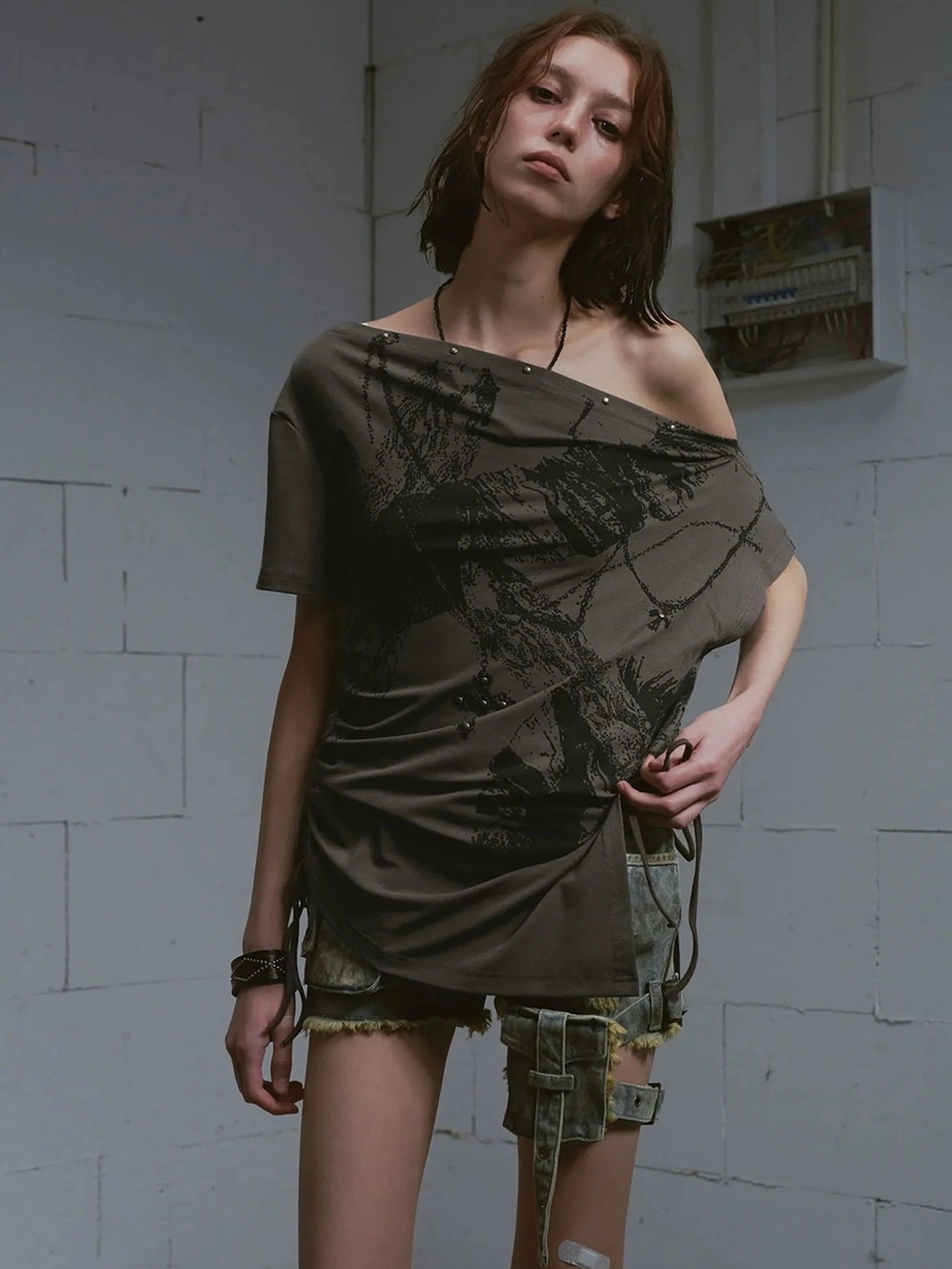 Chinese Clothing Cest Nous Update Oversize Off Shoulder Printed Tencel Tee