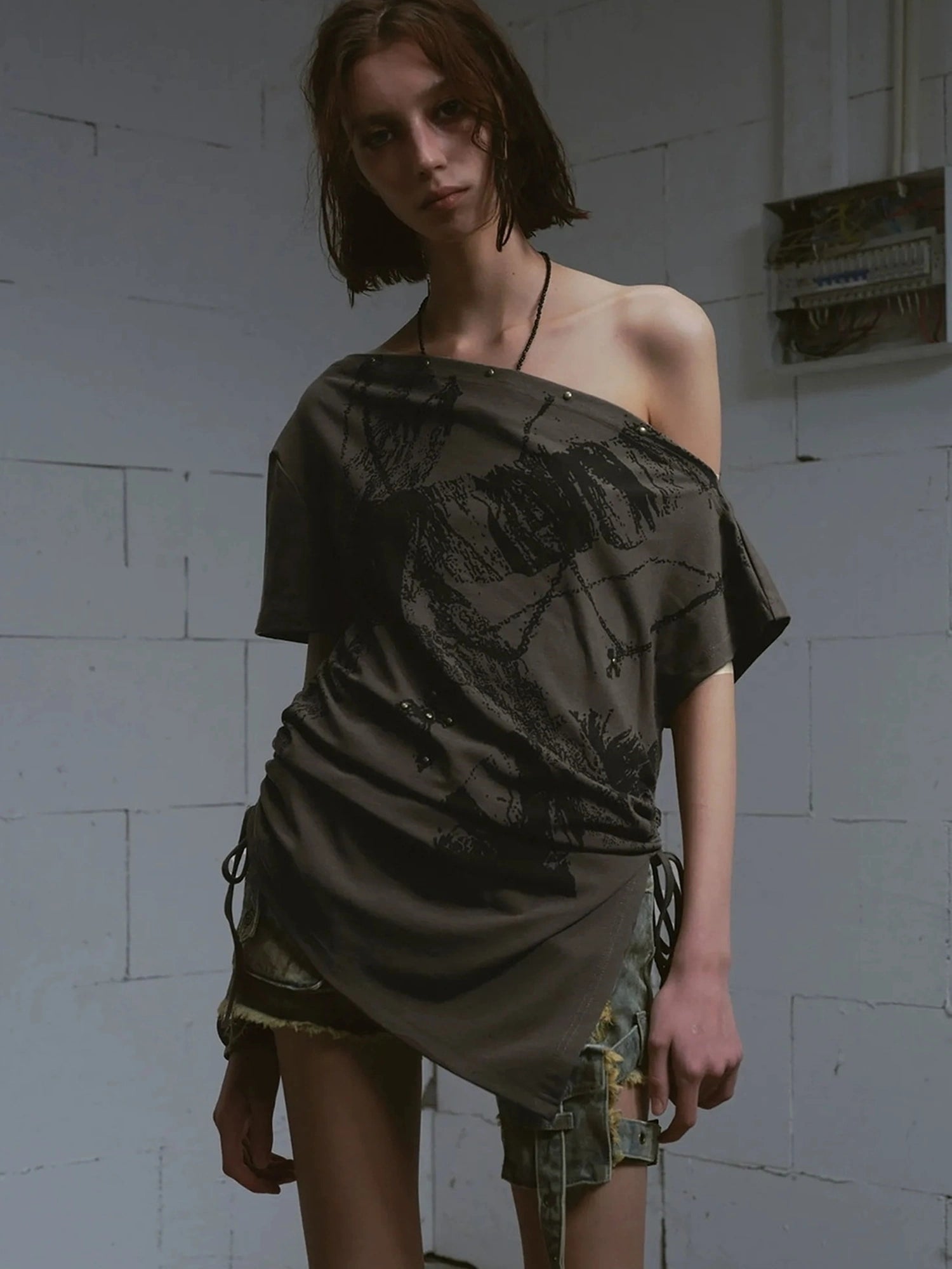 Chinese Clothing Cest Nous Update Oversize Off Shoulder Printed Tencel Tee
