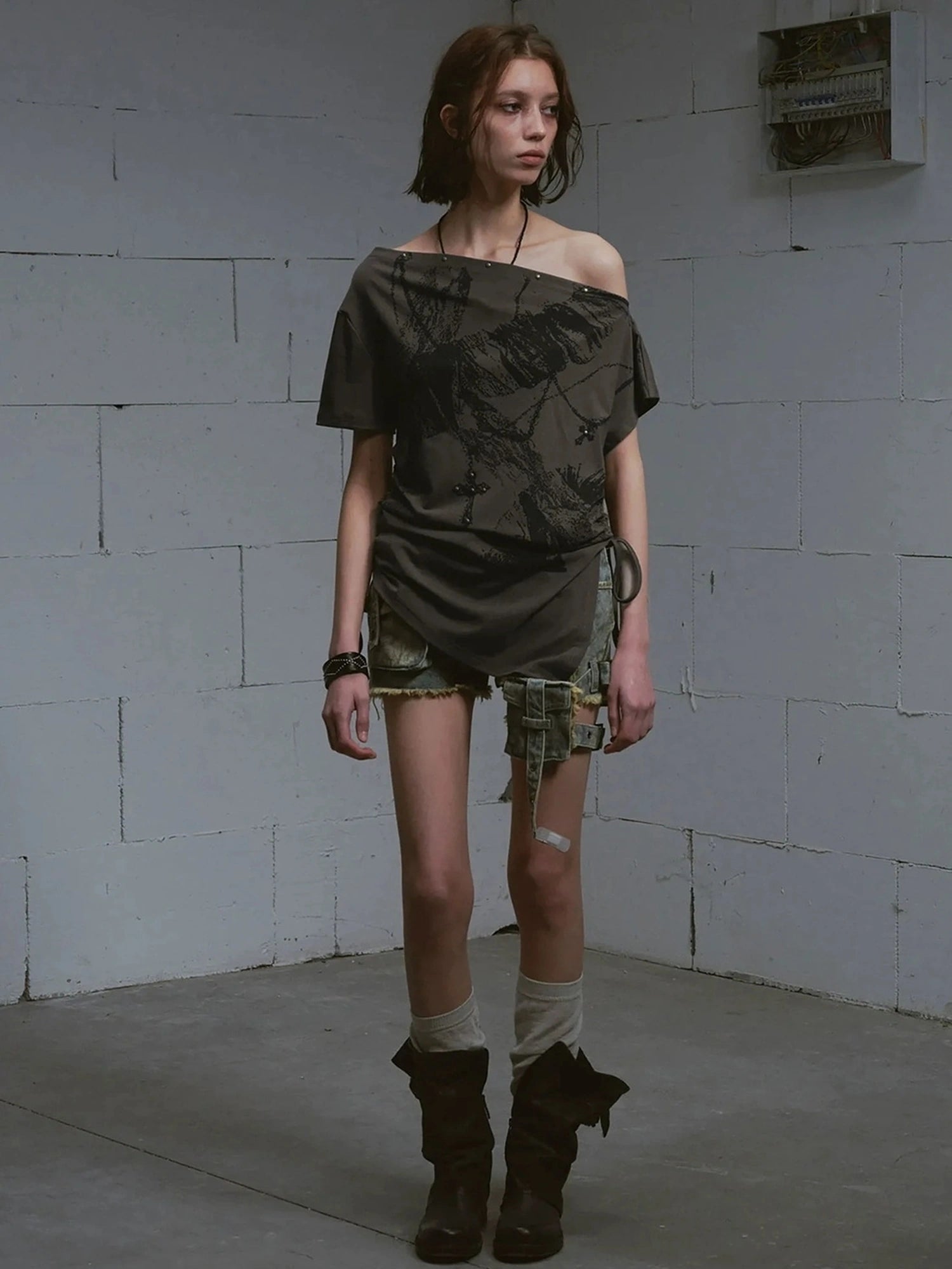 Chinese Clothing Cest Nous Update Oversize Off Shoulder Printed Tencel Tee