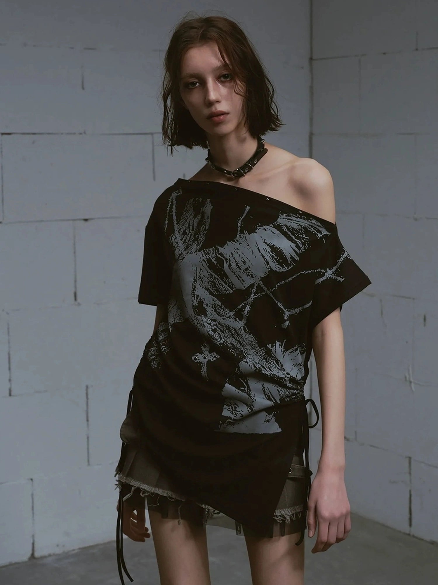 Chinese Clothing Cest Nous Update Oversize Off Shoulder Printed Tencel Tee