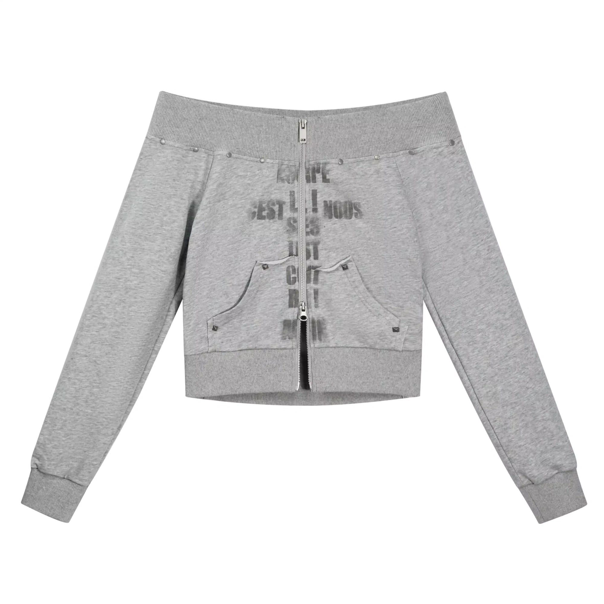 Chinese Clothing Cest Nous Update Oversized Distressed Print Off Shoulder Cropped Sweatshirt MISSTT