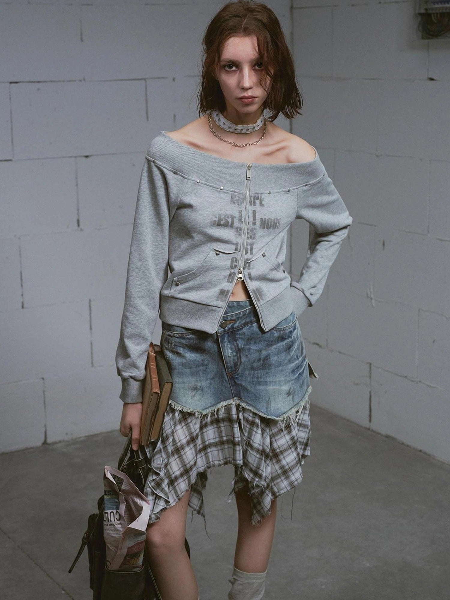 Chinese Clothing Cest Nous Update Oversized Distressed Print Off Shoulder Cropped Sweatshirt