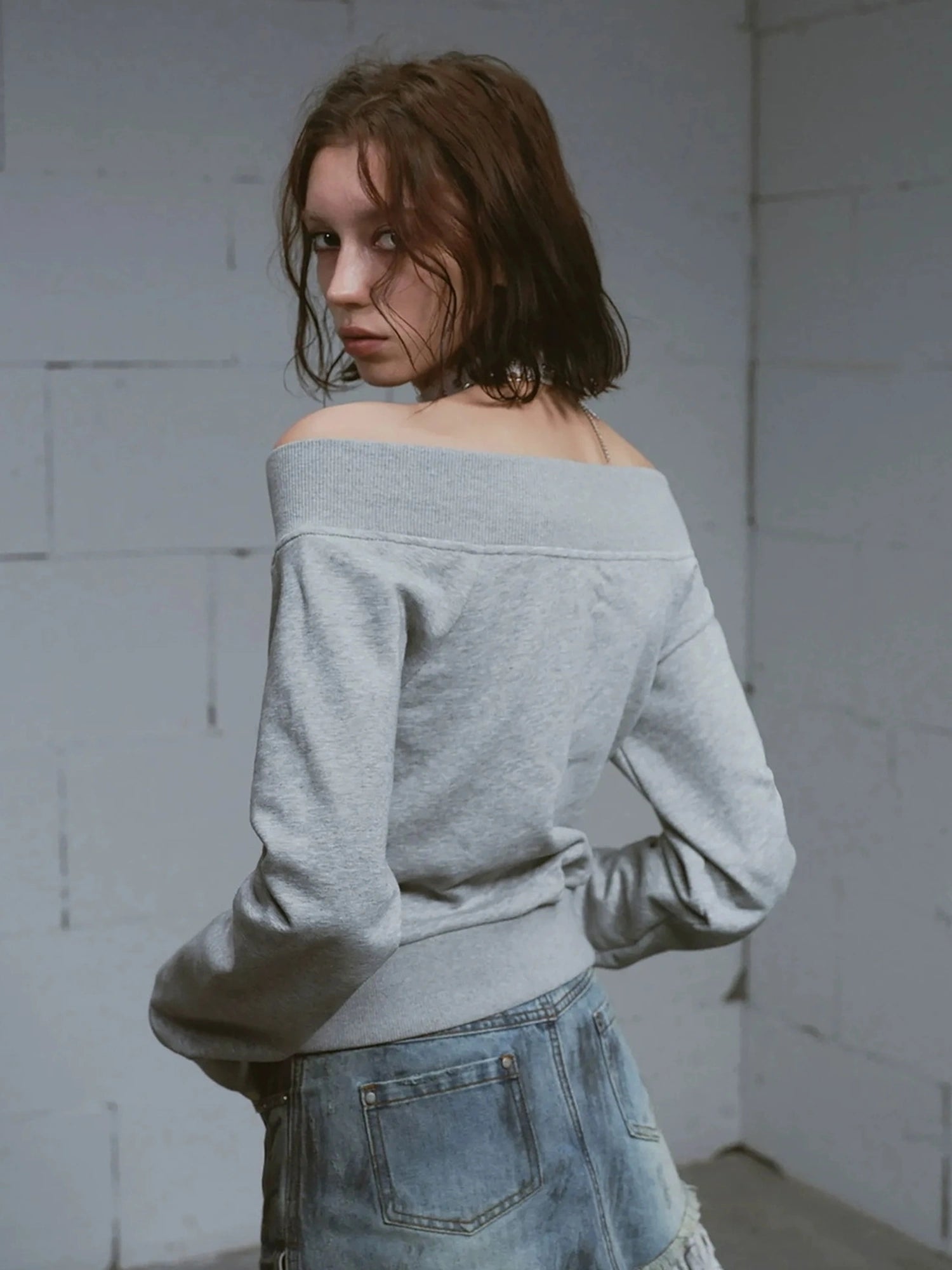 Chinese Clothing Cest Nous Update Oversized Distressed Print Off Shoulder Cropped Sweatshirt