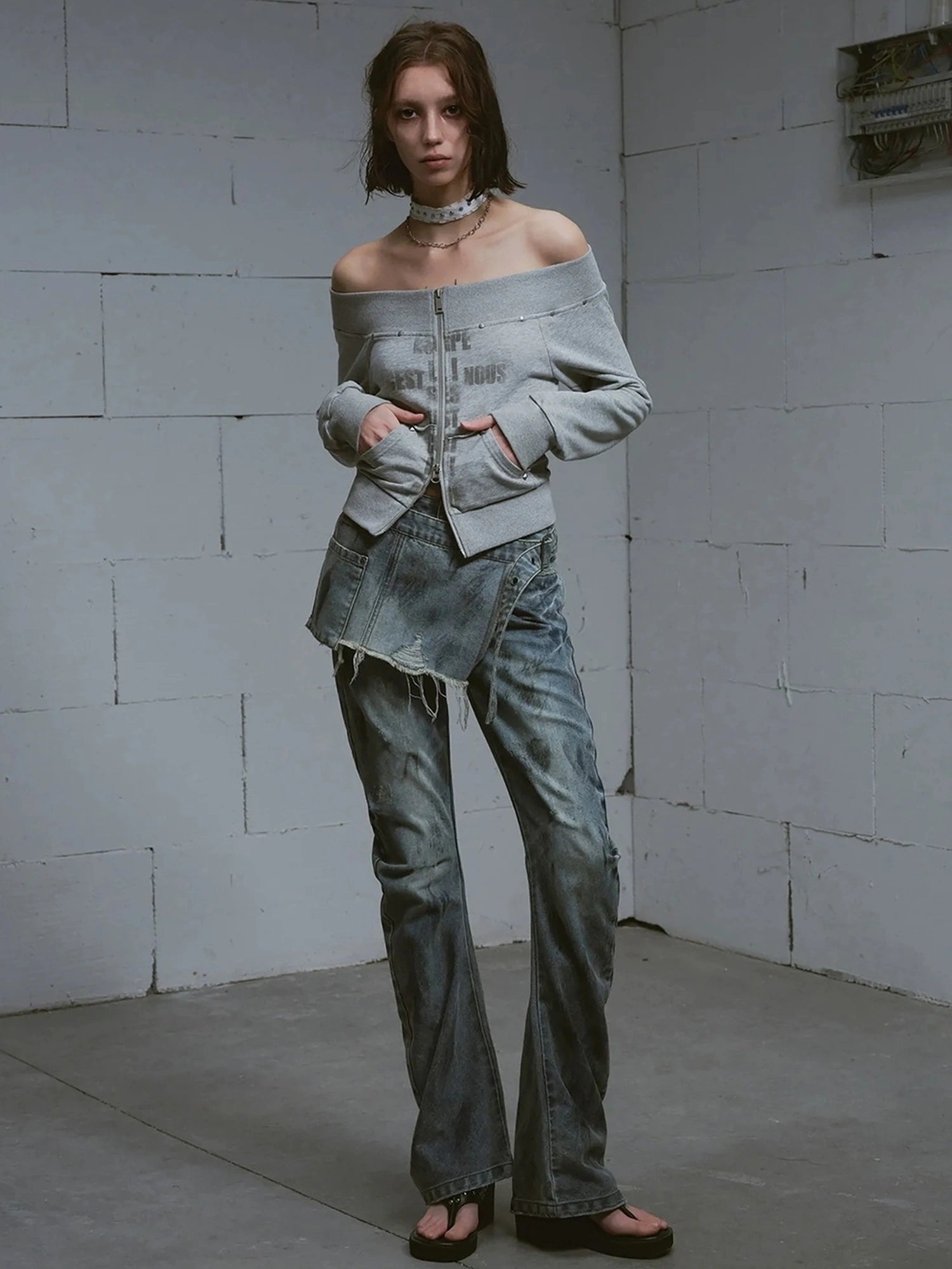 Chinese Clothing Cest Nous Update Oversized Distressed Print Off Shoulder Cropped Sweatshirt