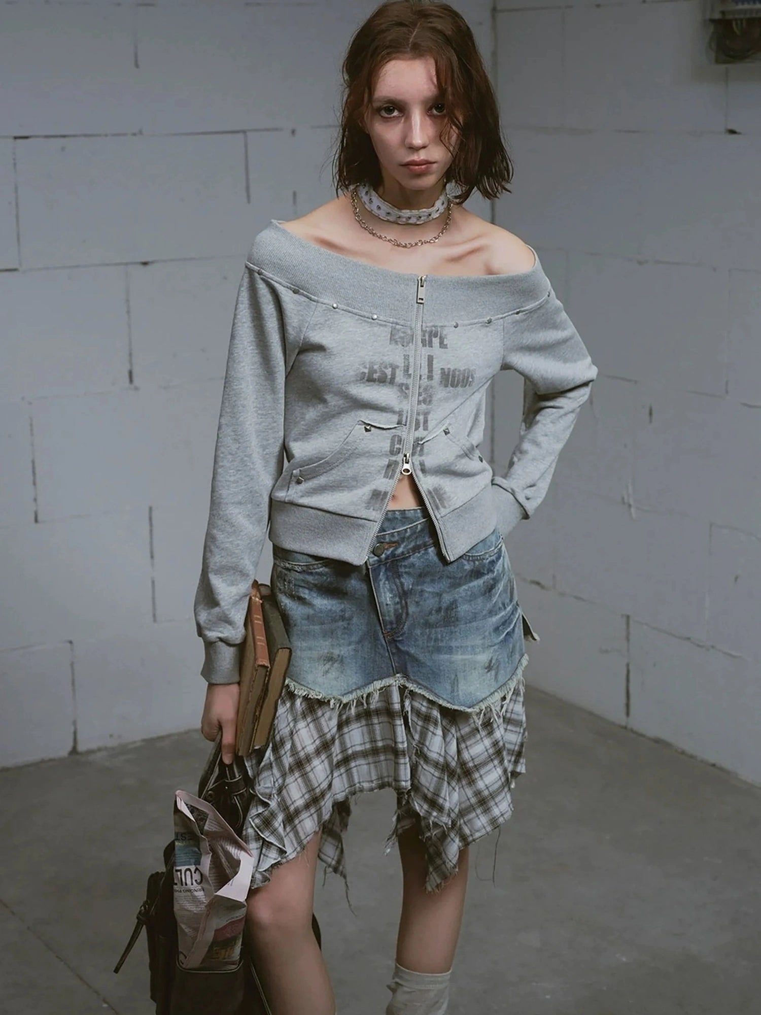 Chinese Clothing Cest Nous Update Oversized Distressed Print Off Shoulder Cropped Sweatshirt