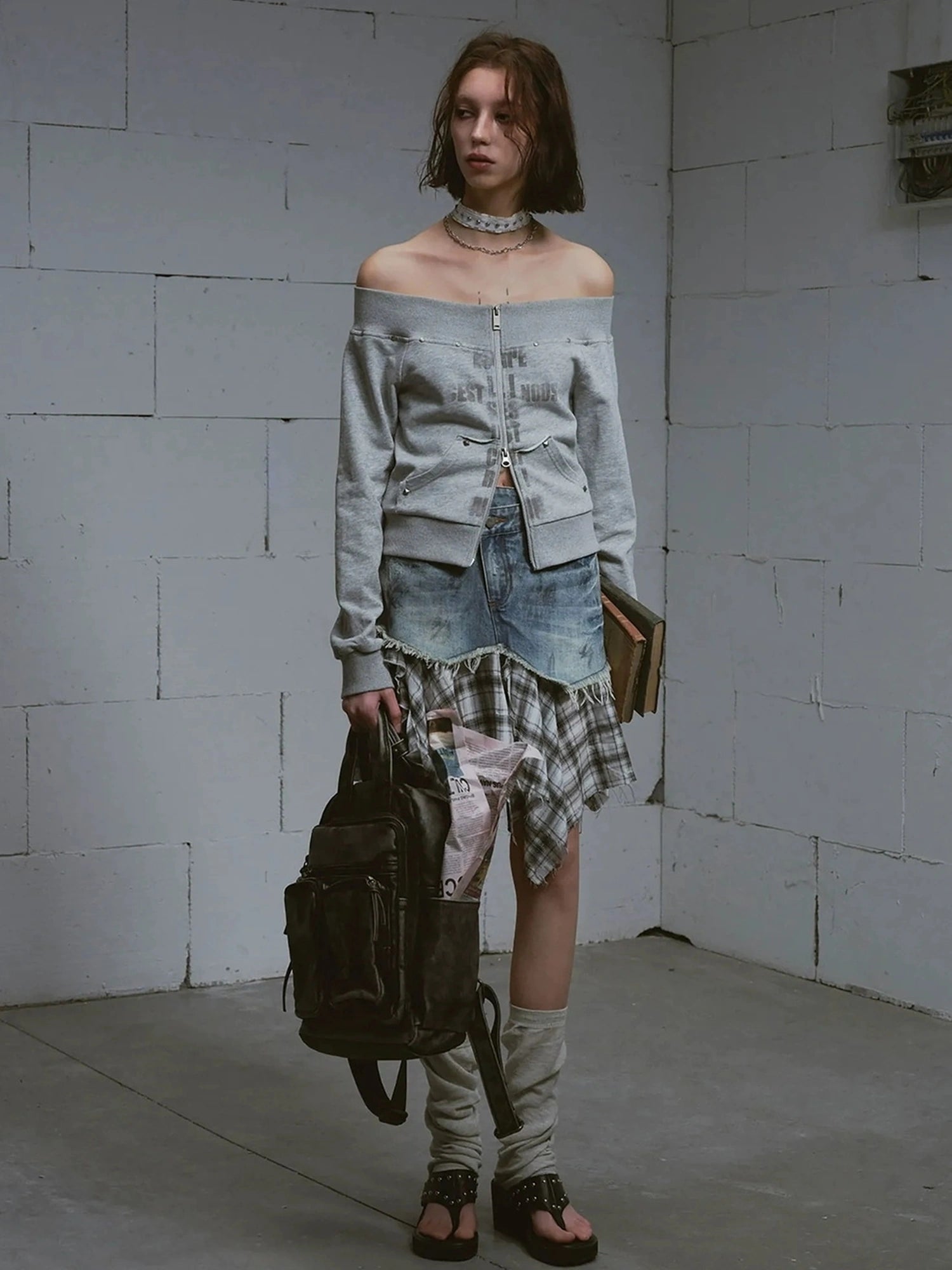 Chinese Clothing Cest Nous Update Oversized Distressed Print Off Shoulder Cropped Sweatshirt