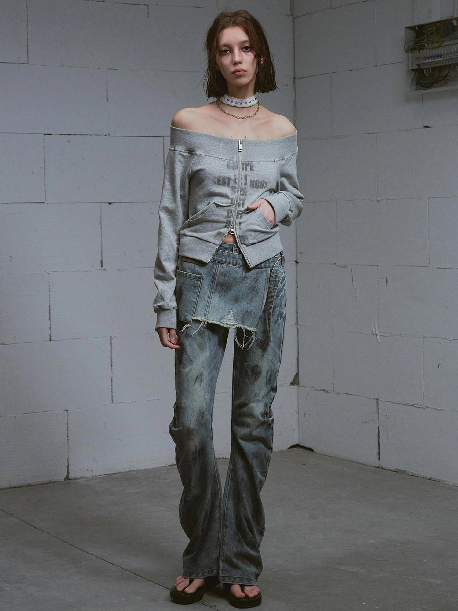 Chinese Clothing Cest Nous Update Oversized Distressed Print Off Shoulder Cropped Sweatshirt