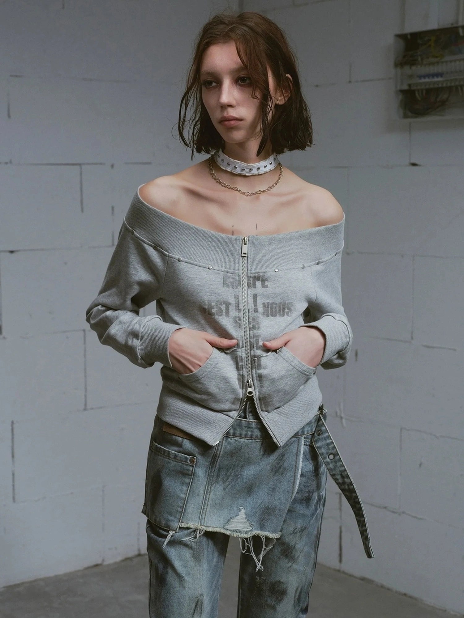 Chinese Clothing Cest Nous Update Oversized Distressed Print Off Shoulder Cropped Sweatshirt