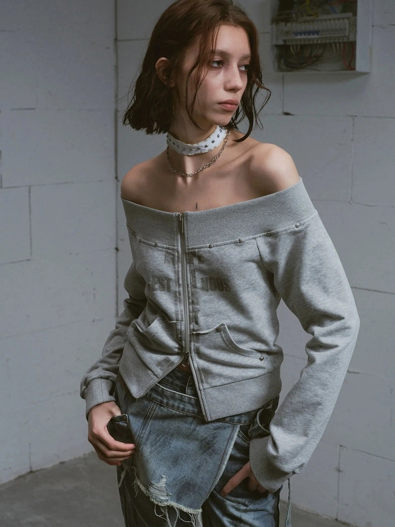 Chinese Clothing Cest Nous Update Oversized Distressed Print Off Shoulder Cropped Sweatshirt