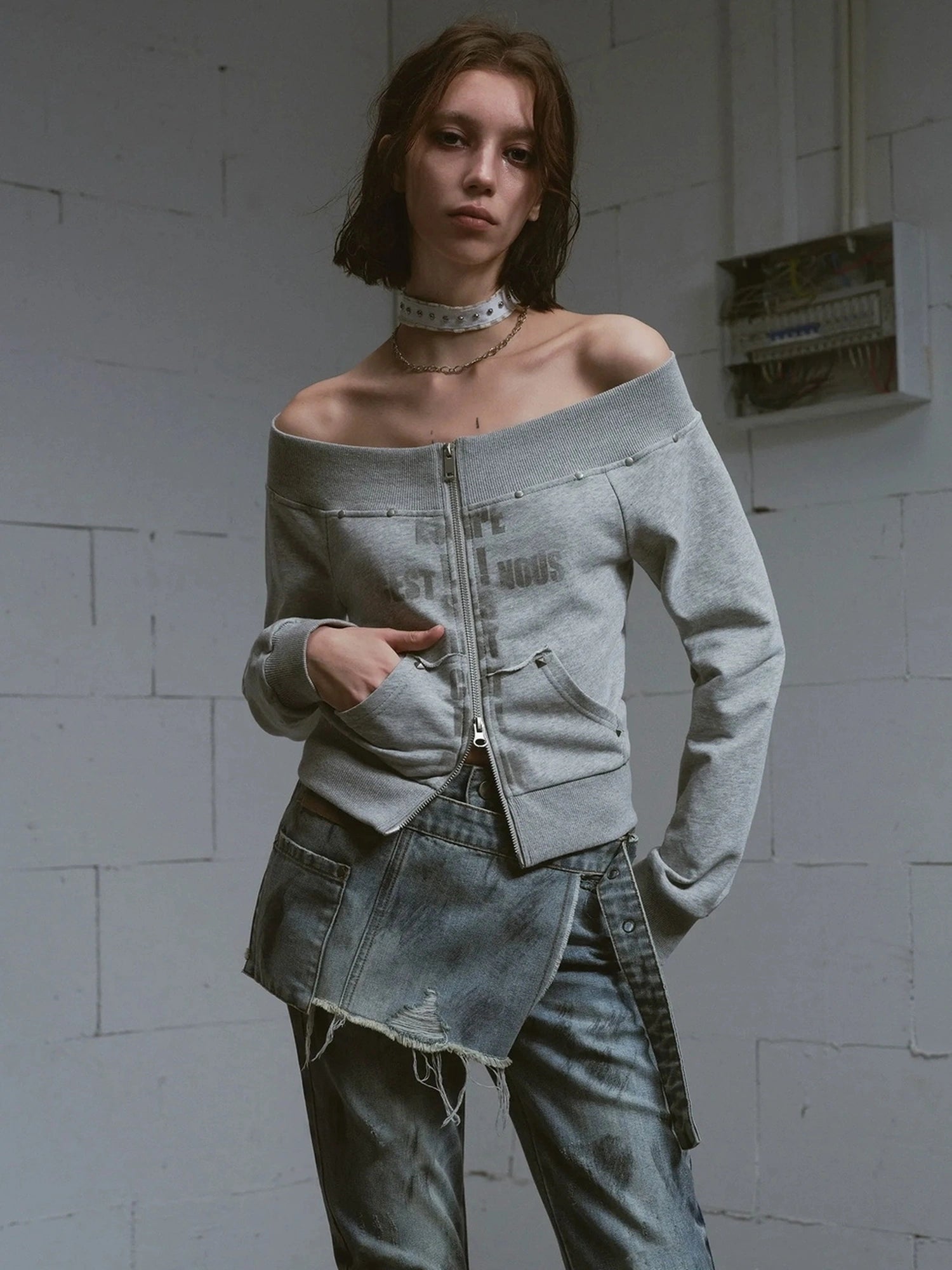 Chinese Clothing Cest Nous Update Oversized Distressed Print Off Shoulder Cropped Sweatshirt