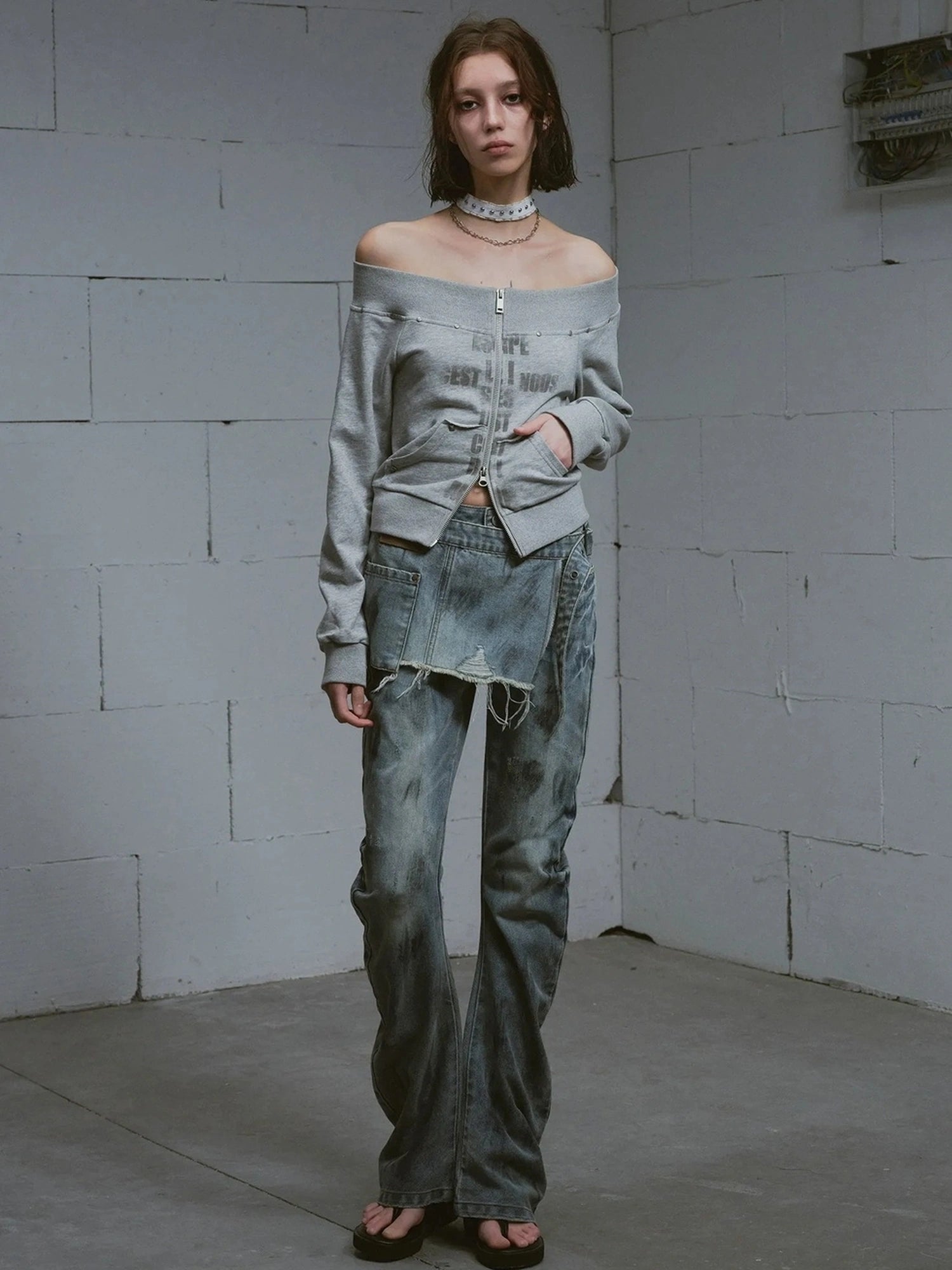 Chinese Clothing Cest Nous Update Oversized Distressed Print Off Shoulder Cropped Sweatshirt