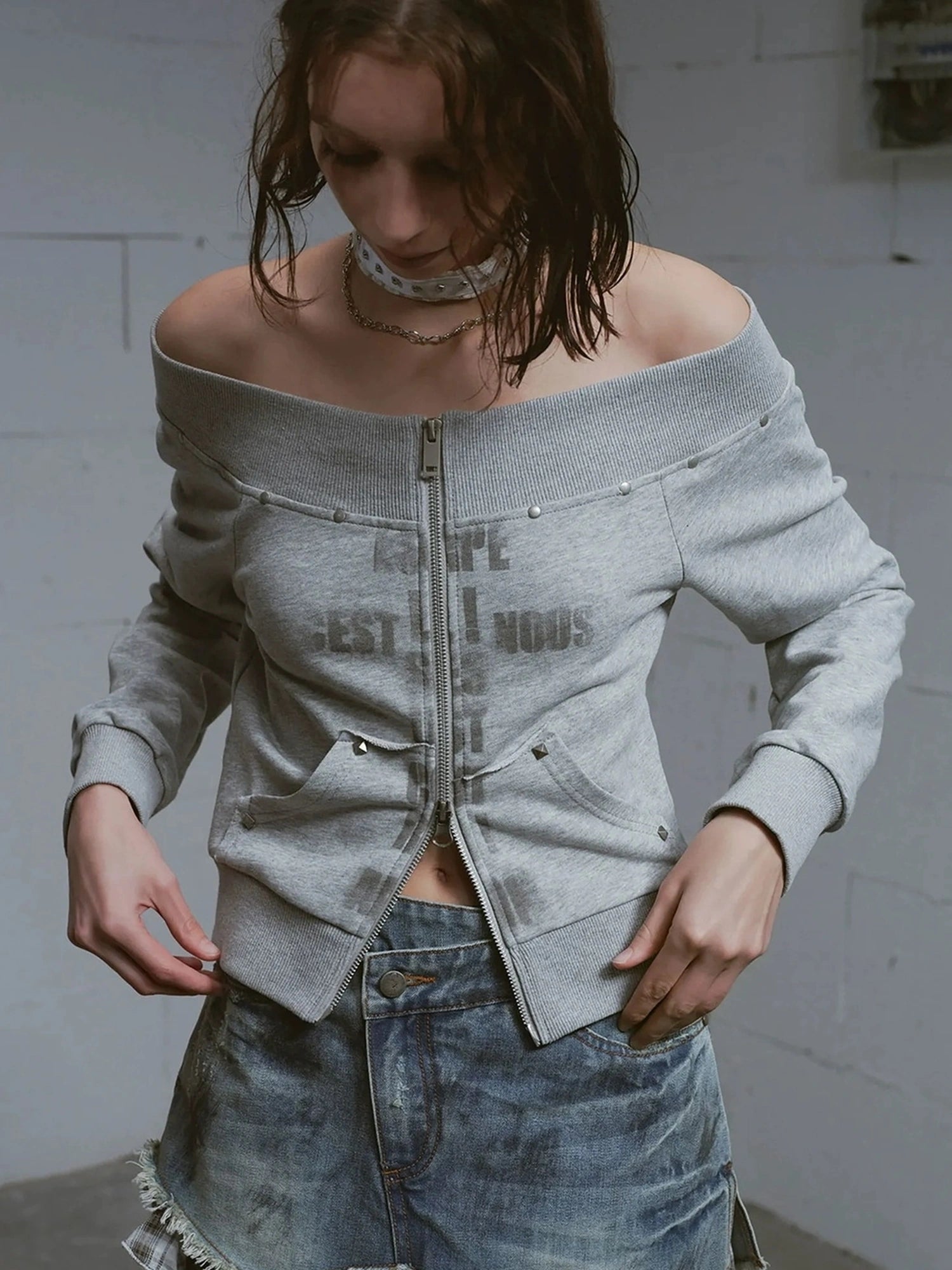 Chinese Clothing Cest Nous Update Oversized Distressed Print Off Shoulder Cropped Sweatshirt