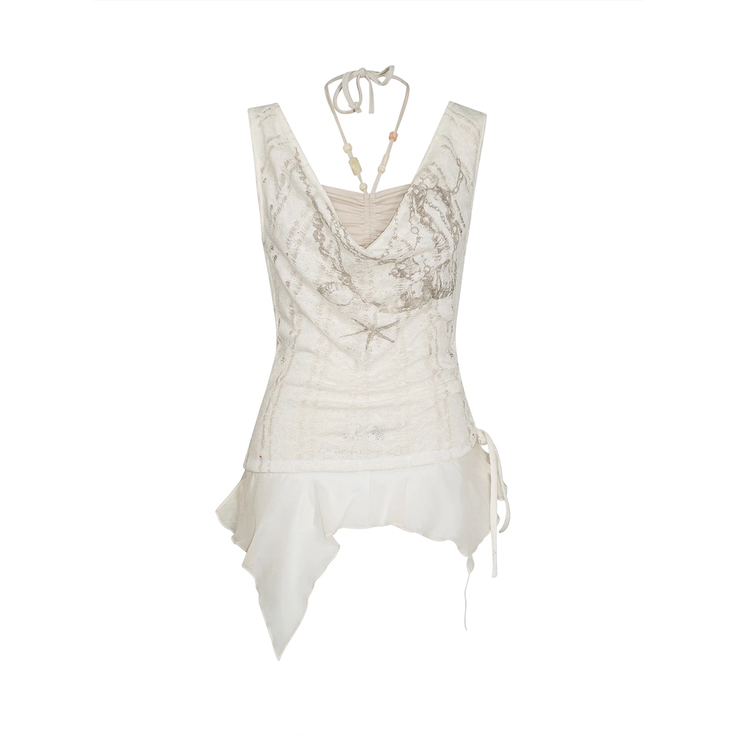 Chinese Clothing Cest Nous Update Printed Beaded Striped Chiffon Hollow Out Swing Neck Shell Top MISSTT