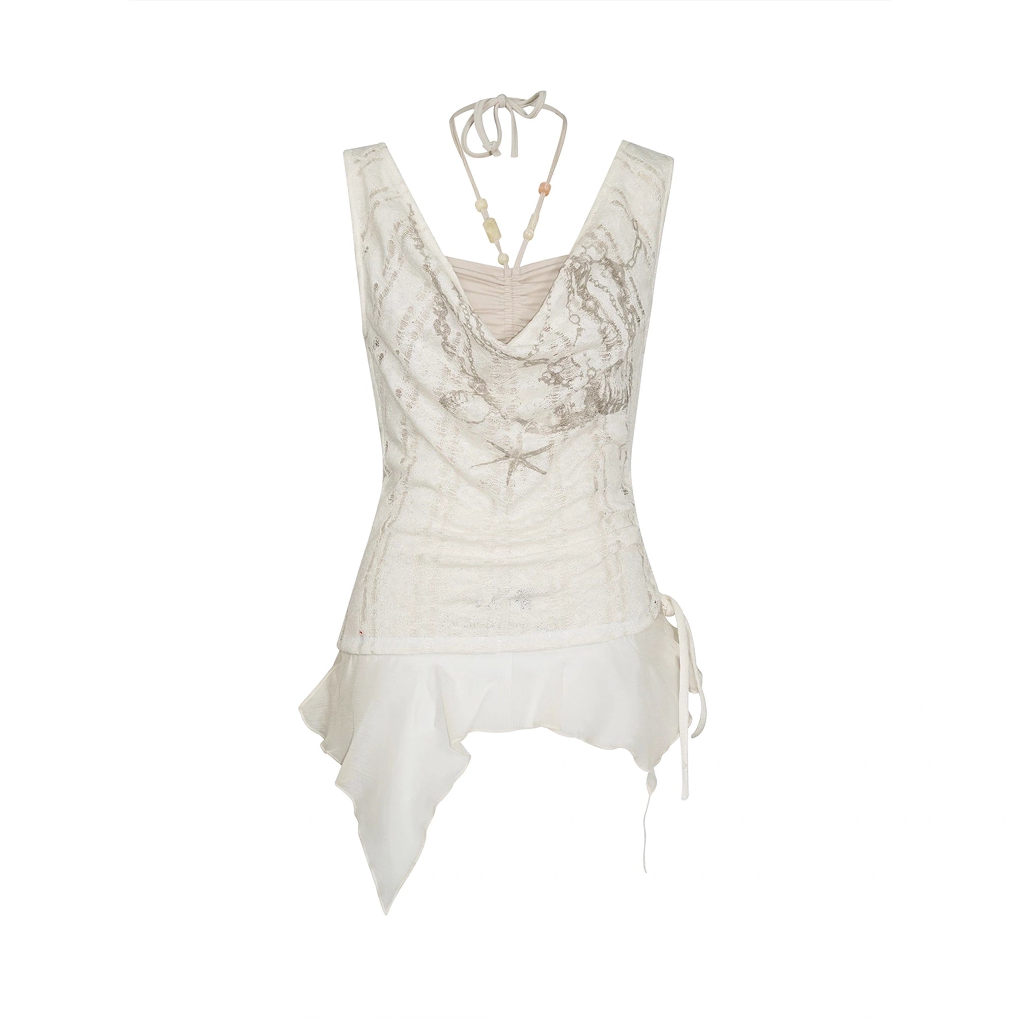 Chinese Clothing Cest Nous Update Printed Beaded Striped Chiffon Hollow Out Swing Neck Shell Top MISSTT