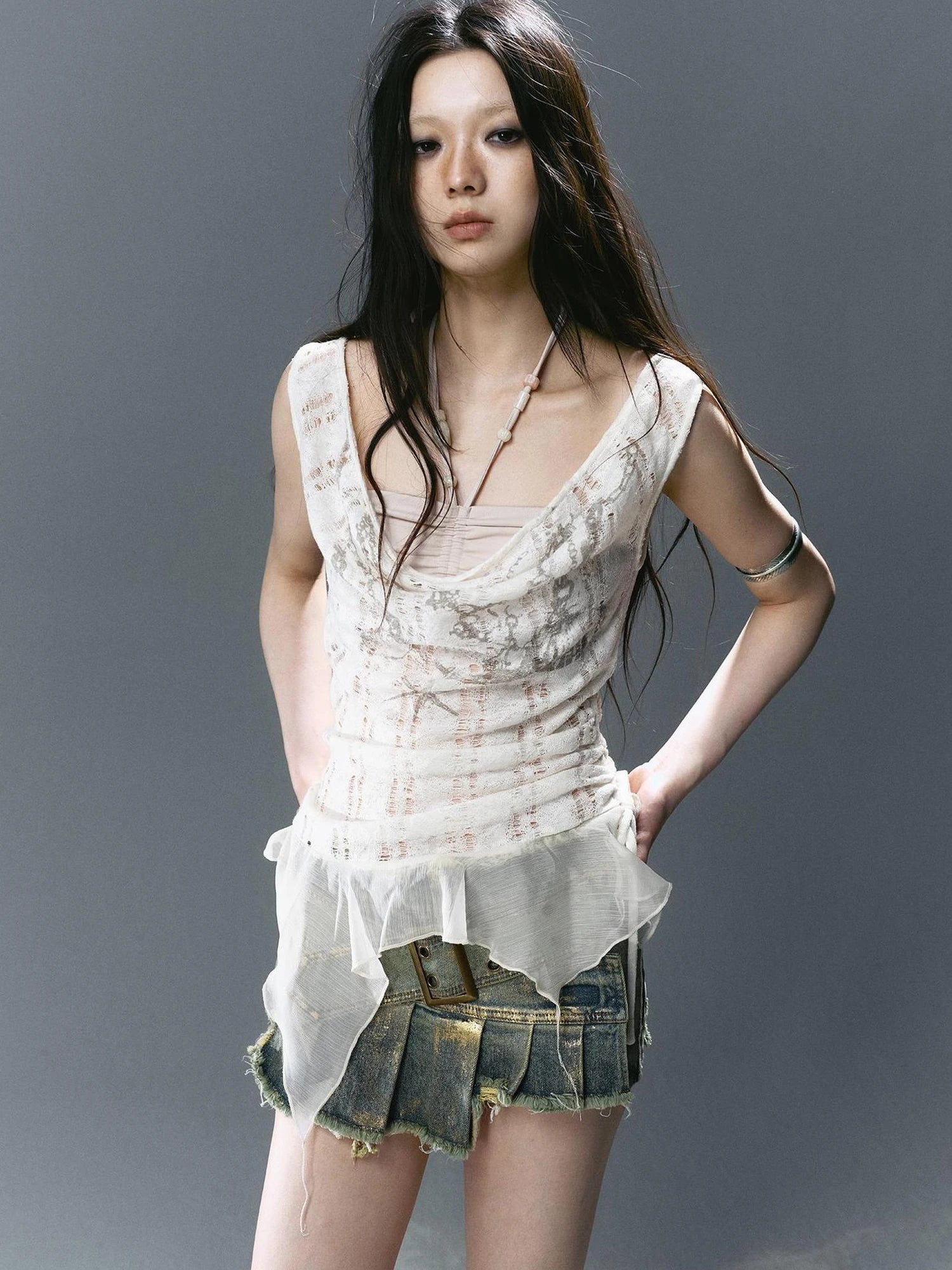 Chinese Clothing Cest Nous Update Printed Beaded Striped Chiffon Hollow Out Swing Neck Shell Top
