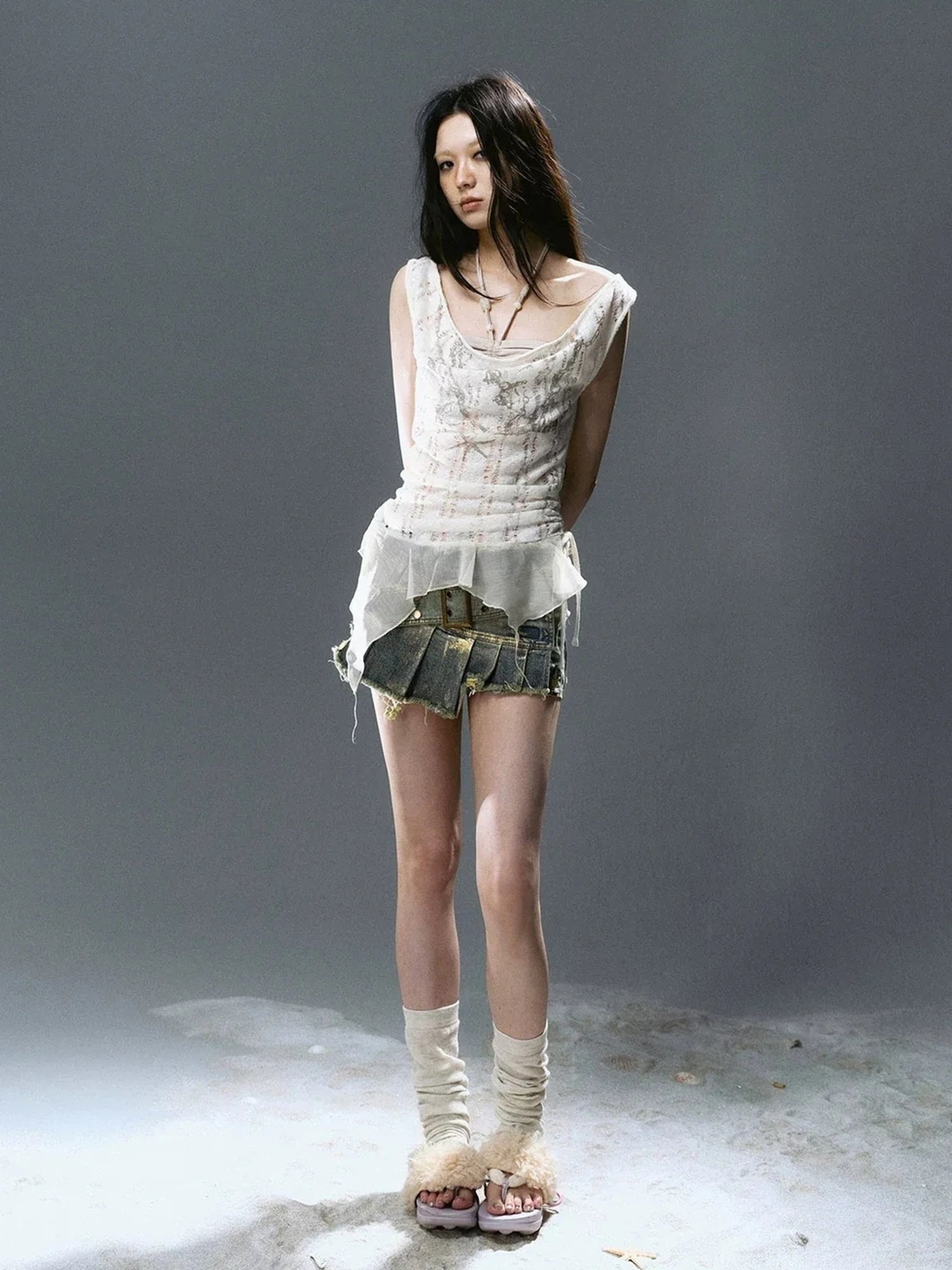 Chinese Clothing Cest Nous Update Printed Beaded Striped Chiffon Hollow Out Swing Neck Shell Top