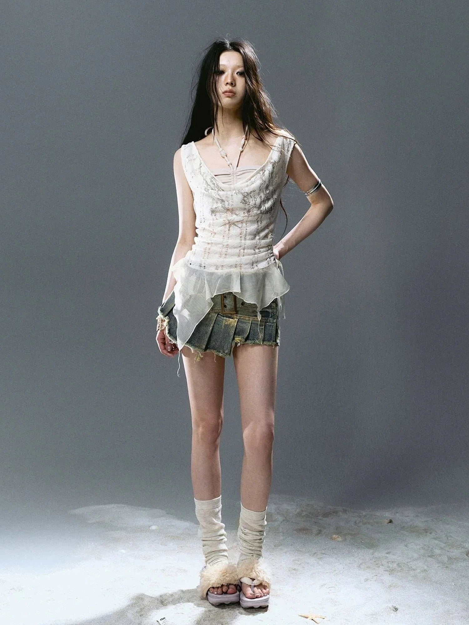 Chinese Clothing Cest Nous Update Printed Beaded Striped Chiffon Hollow Out Swing Neck Shell Top