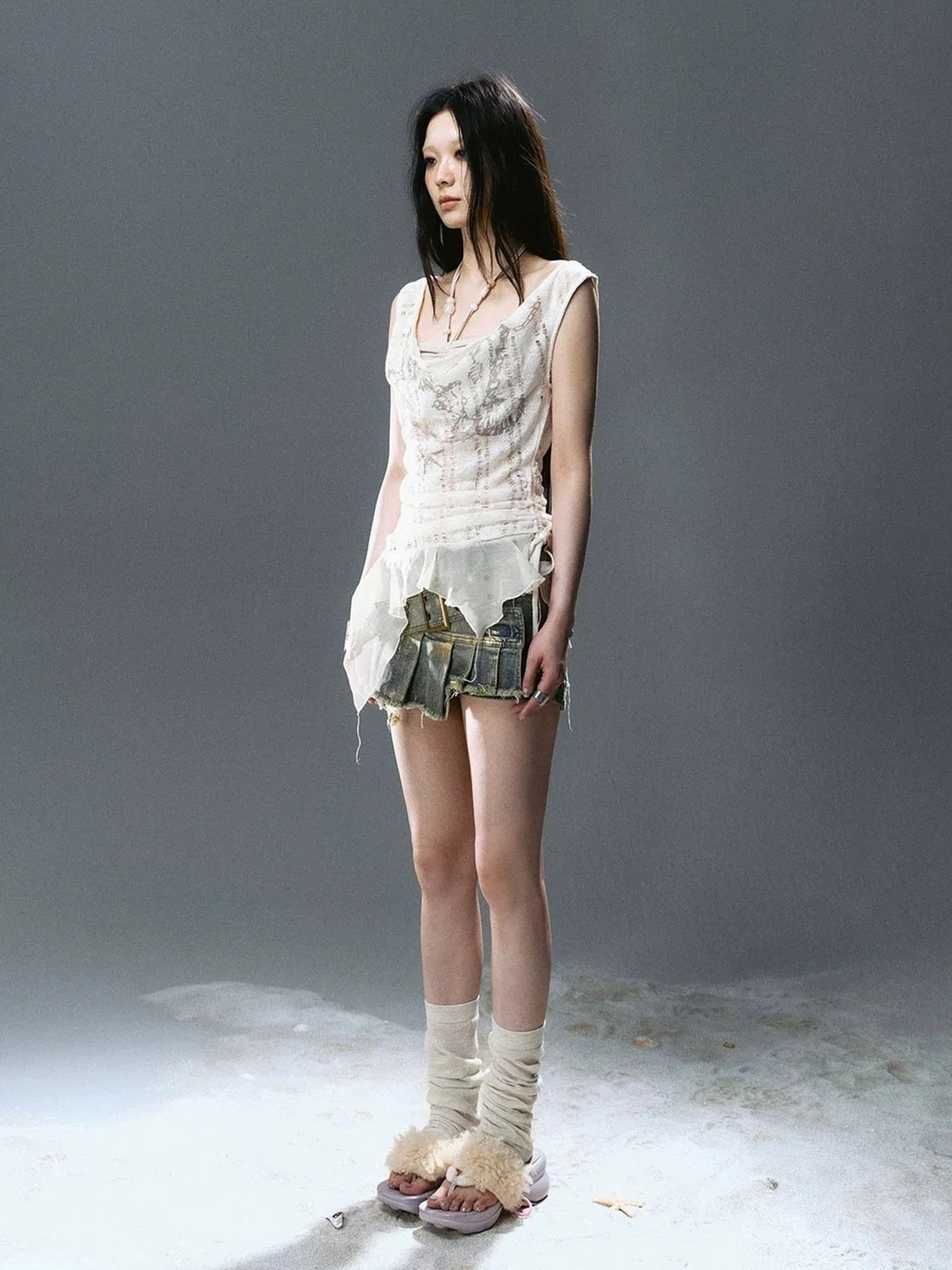 Chinese Clothing Cest Nous Update Printed Beaded Striped Chiffon Hollow Out Swing Neck Shell Top