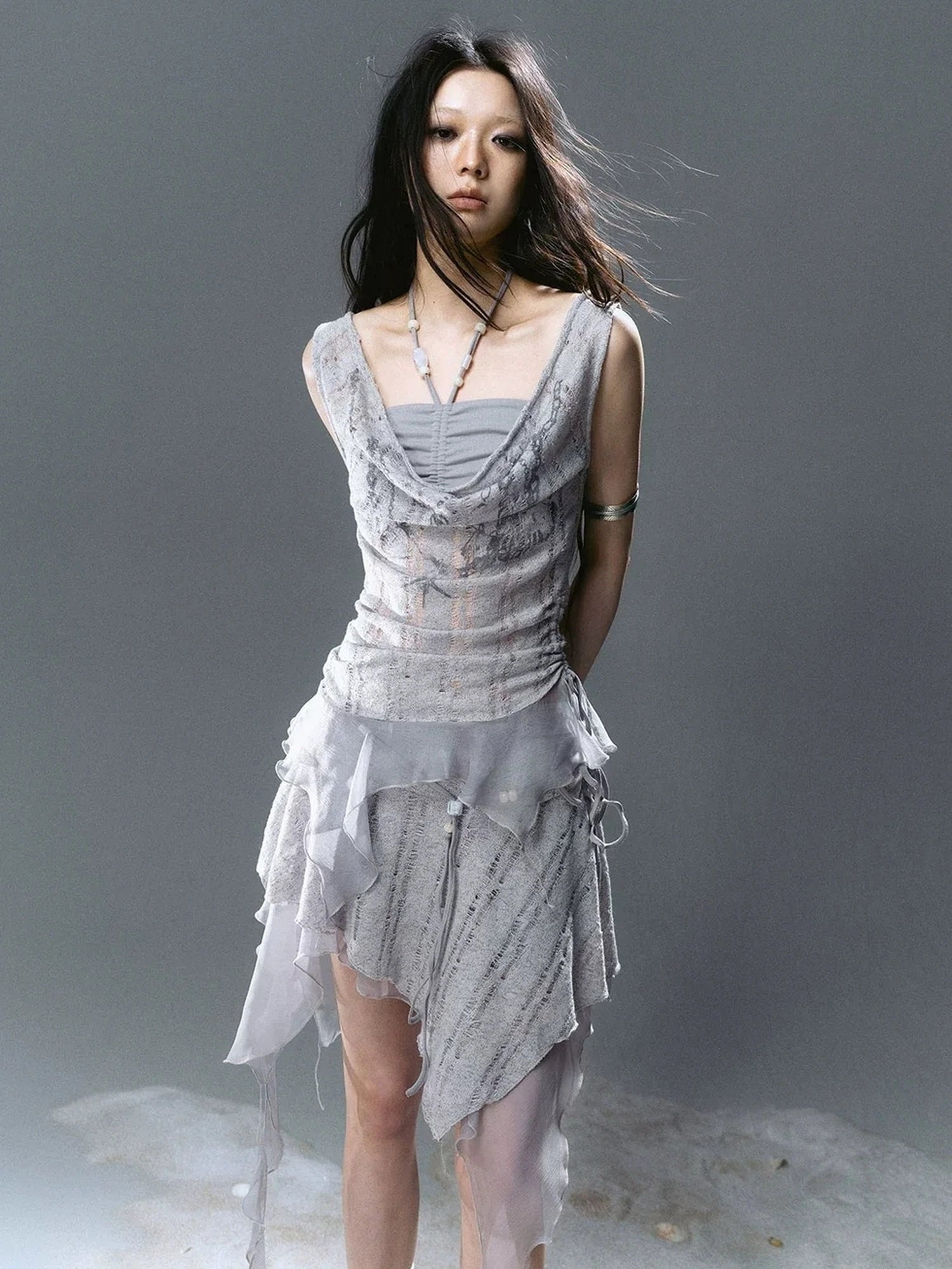 Chinese Clothing Cest Nous Update Printed Beaded Striped Chiffon Hollow Out Swing Neck Shell Top