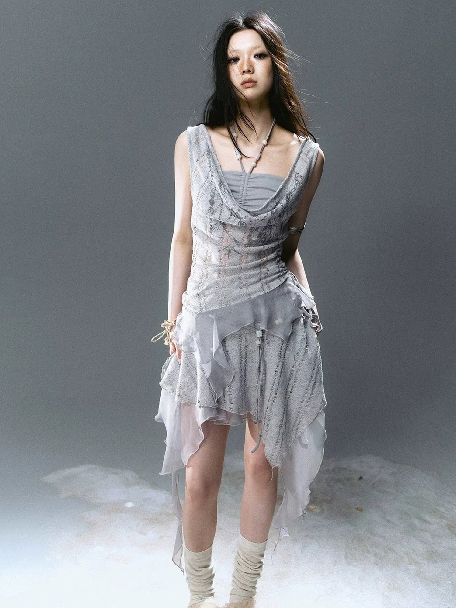 Chinese Clothing Cest Nous Update Printed Beaded Striped Chiffon Hollow Out Swing Neck Shell Top