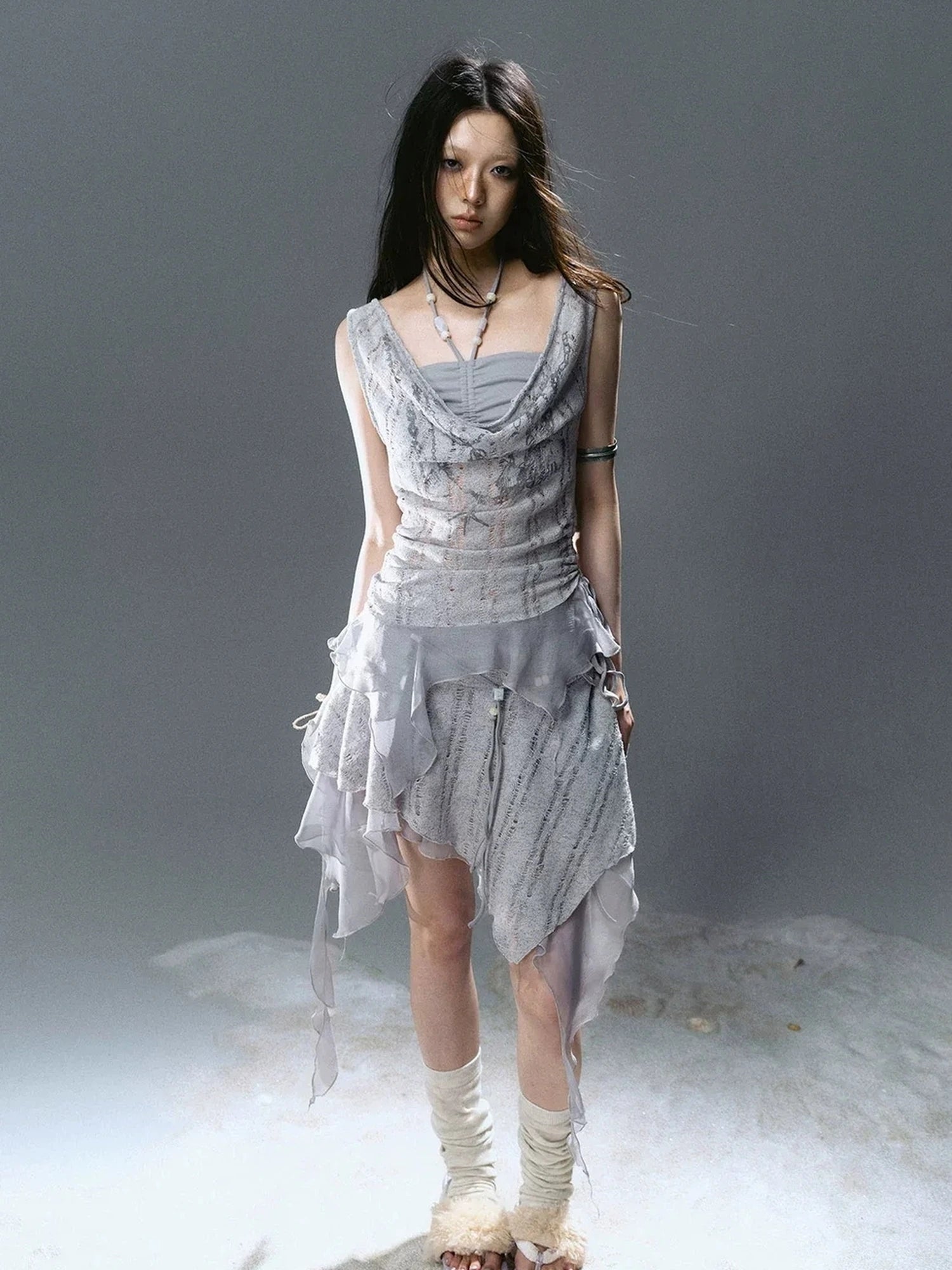 Chinese Clothing Cest Nous Update Printed Beaded Striped Chiffon Hollow Out Swing Neck Shell Top