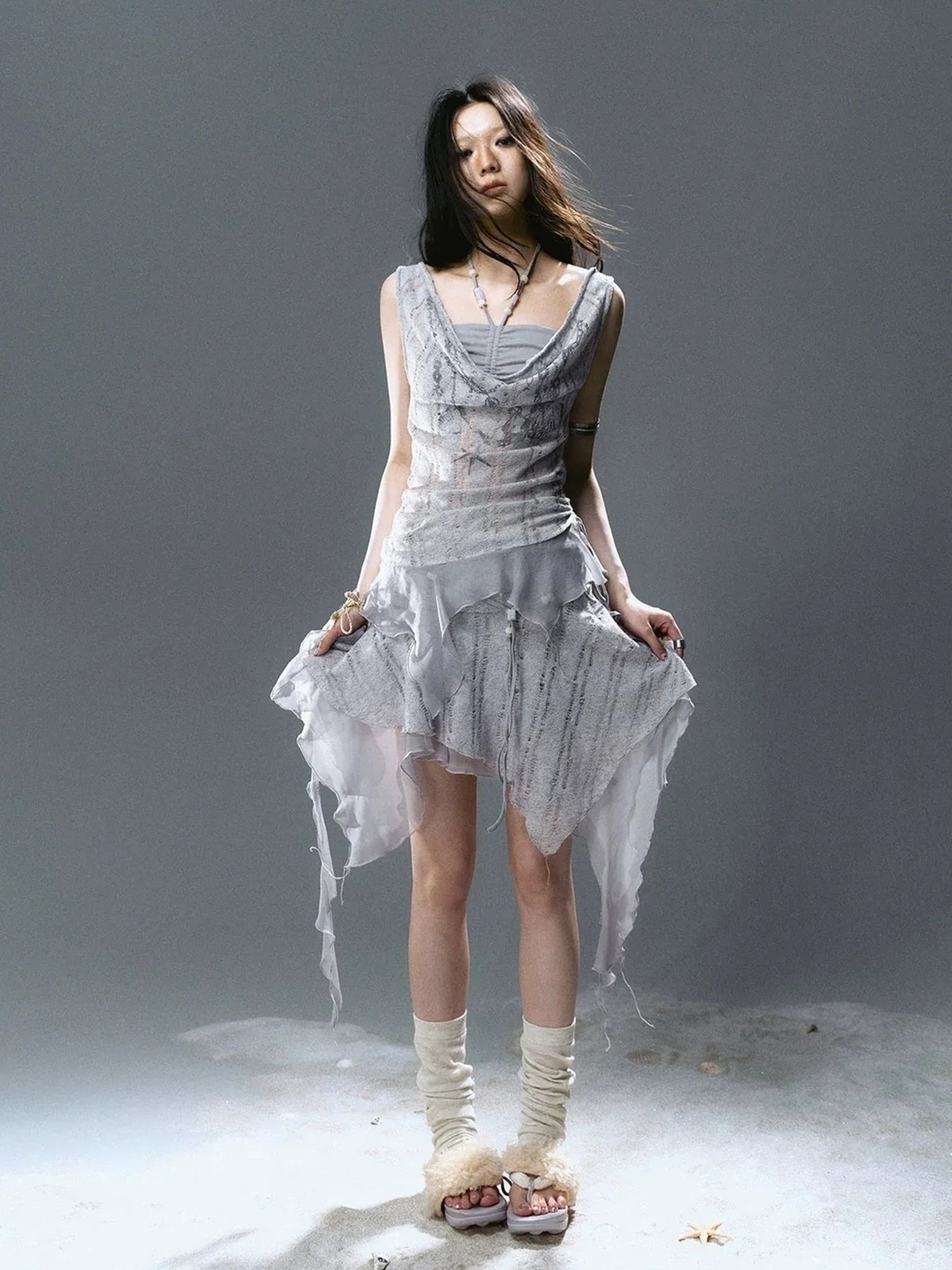 Chinese Clothing Cest Nous Update Printed Beaded Striped Chiffon Hollow Out Swing Neck Shell Top