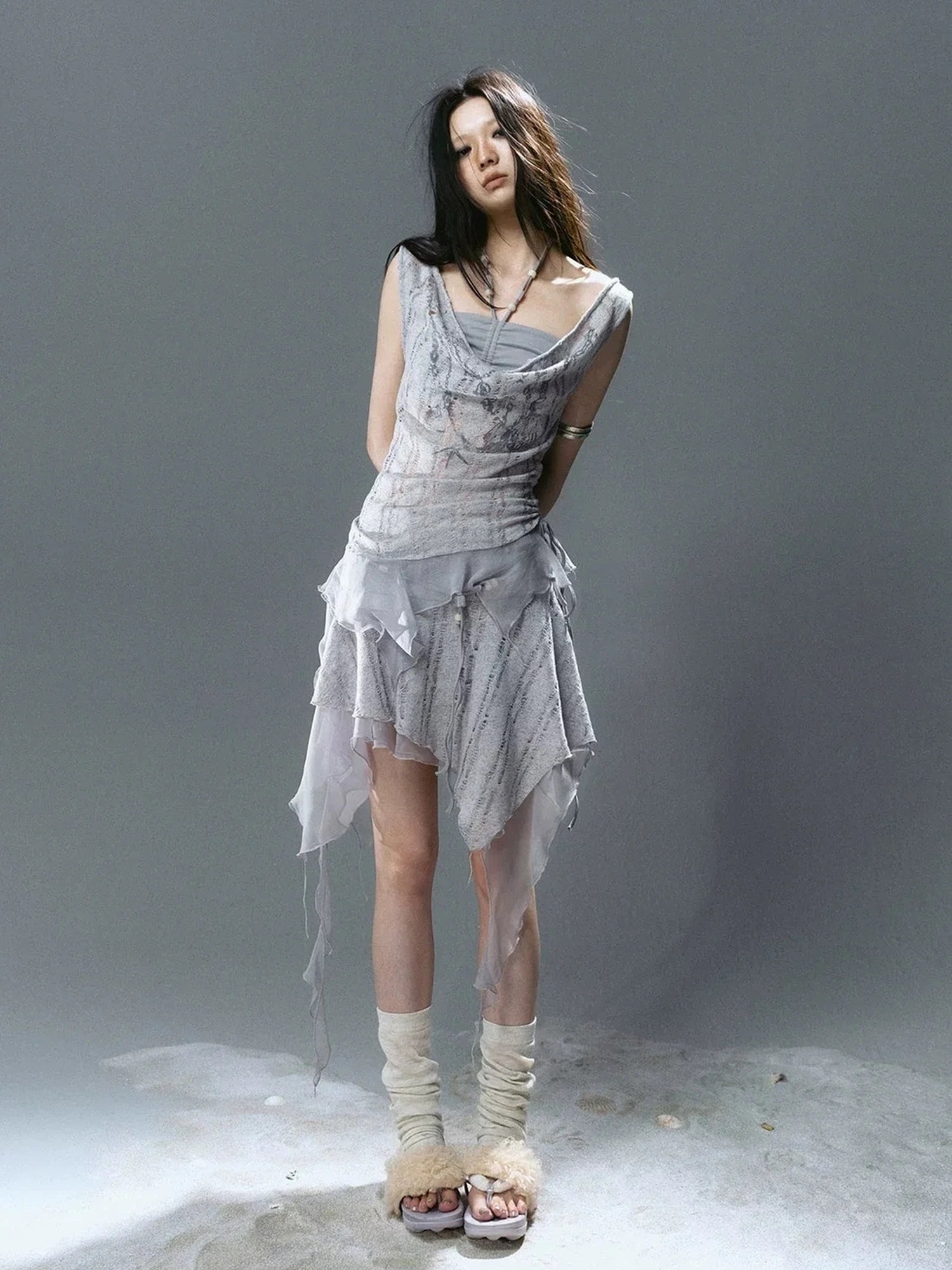Chinese Clothing Cest Nous Update Printed Beaded Striped Chiffon Hollow Out Swing Neck Shell Top