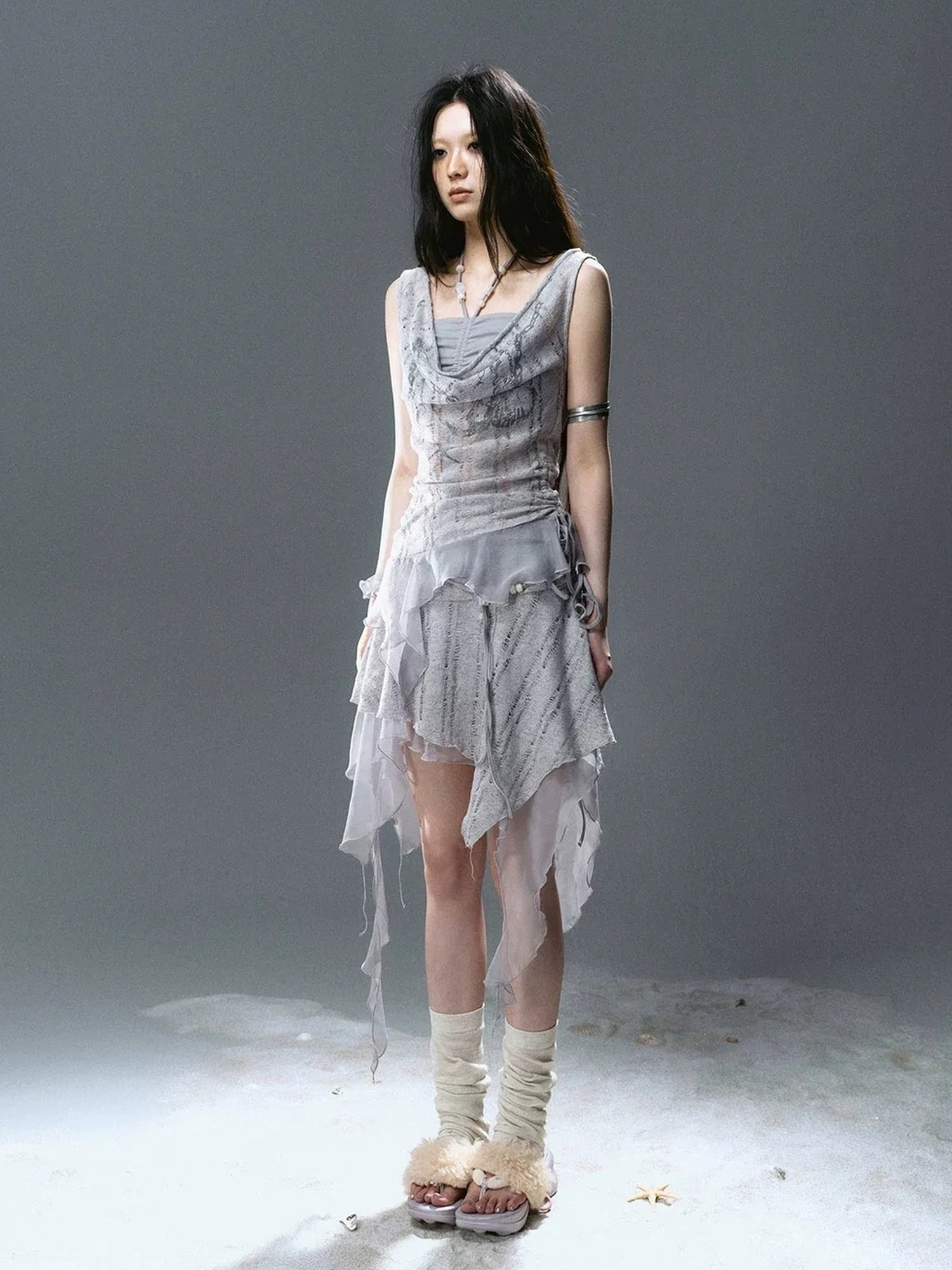 Chinese Clothing Cest Nous Update Printed Beaded Striped Chiffon Hollow Out Swing Neck Shell Top