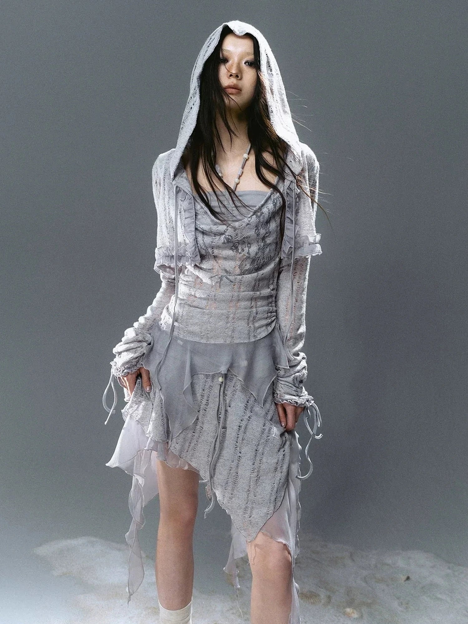 Chinese Clothing Cest Nous Update Printed Beaded Striped Chiffon Hollow Out Swing Neck Shell Top