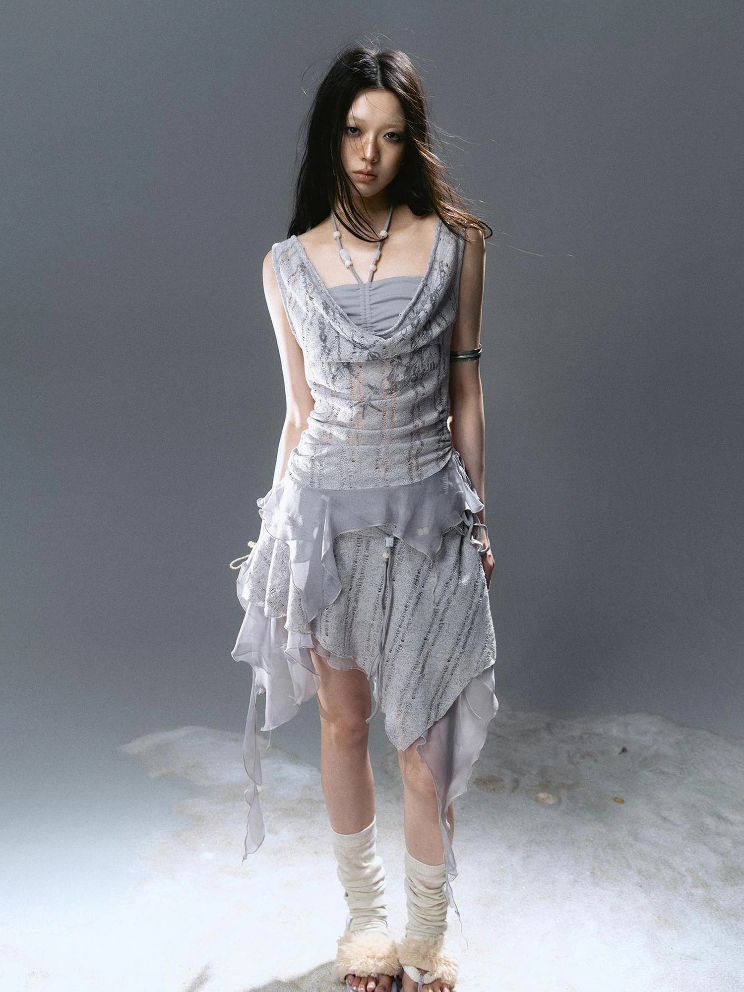 Chinese Clothing Cest Nous Update Printed Beaded Striped Chiffon Hollow Out Swing Neck Shell Top