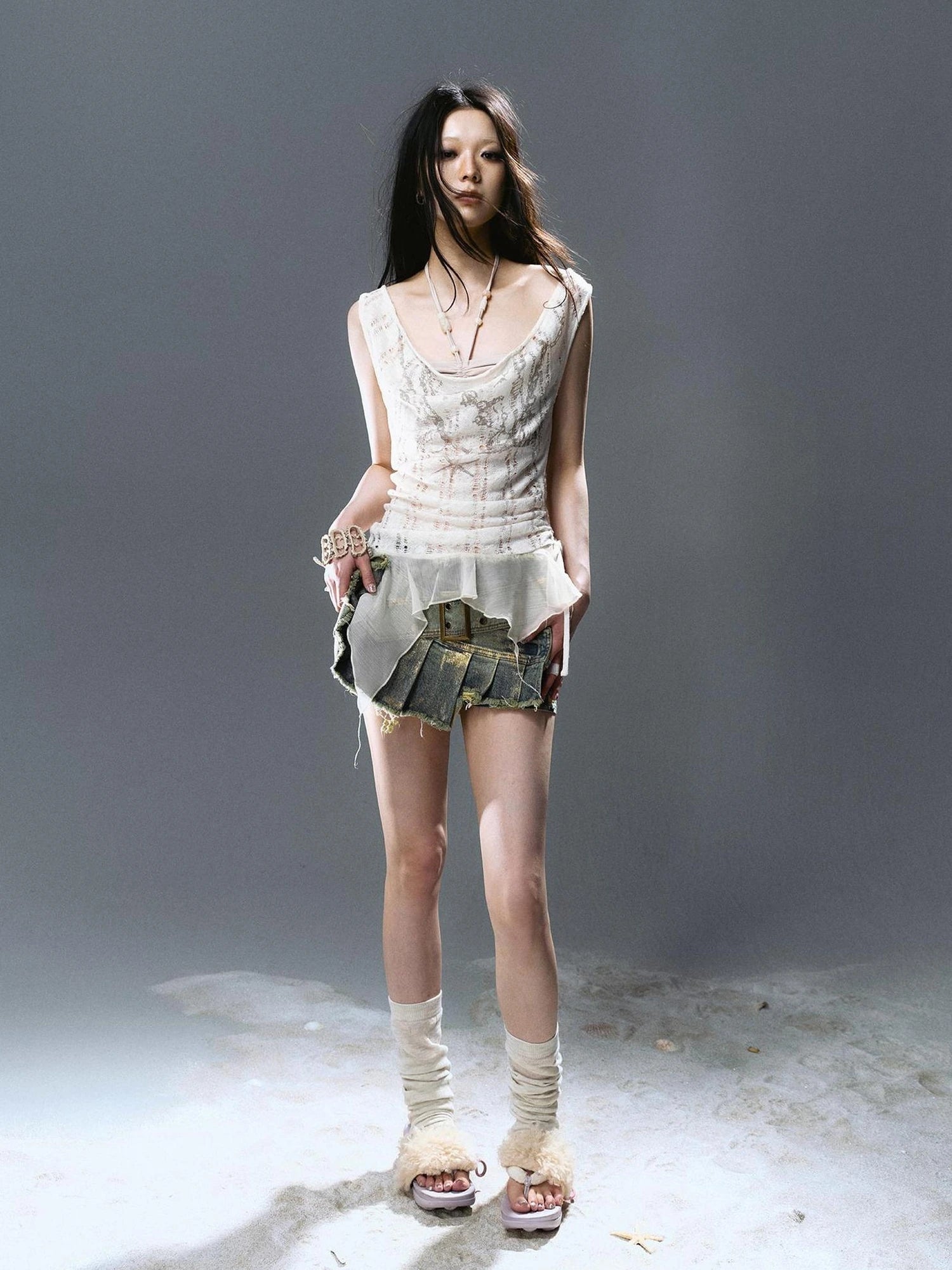 Chinese Clothing Cest Nous Update Printed Beaded Striped Chiffon Hollow Out Swing Neck Shell Top