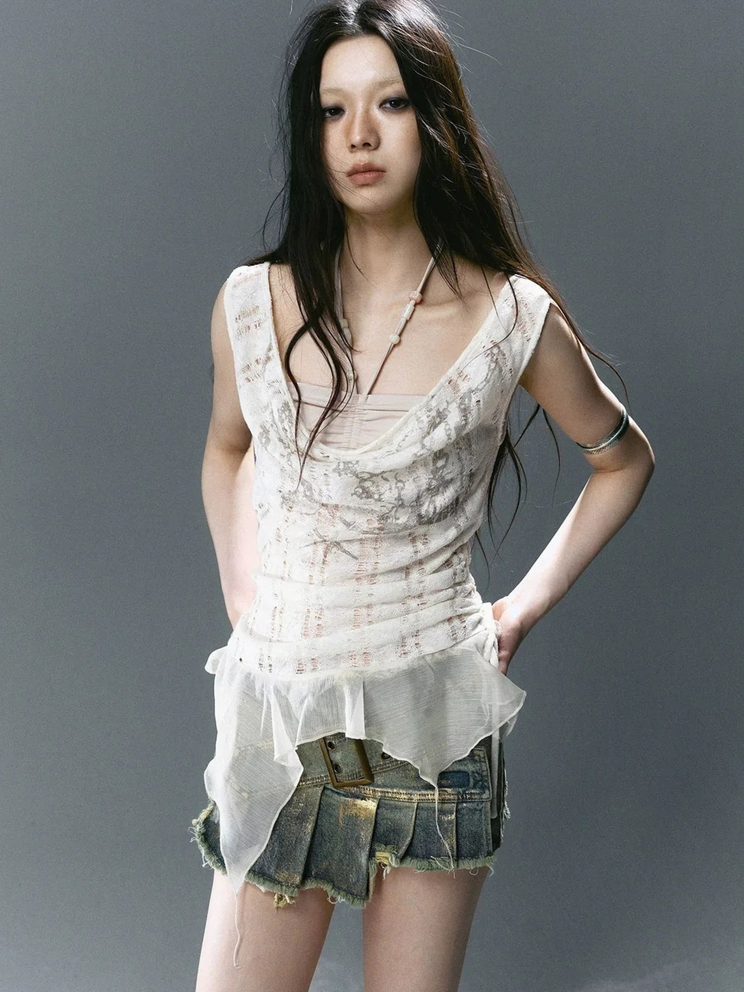 Chinese Clothing Cest Nous Update Printed Beaded Striped Chiffon Hollow Out Swing Neck Shell Top