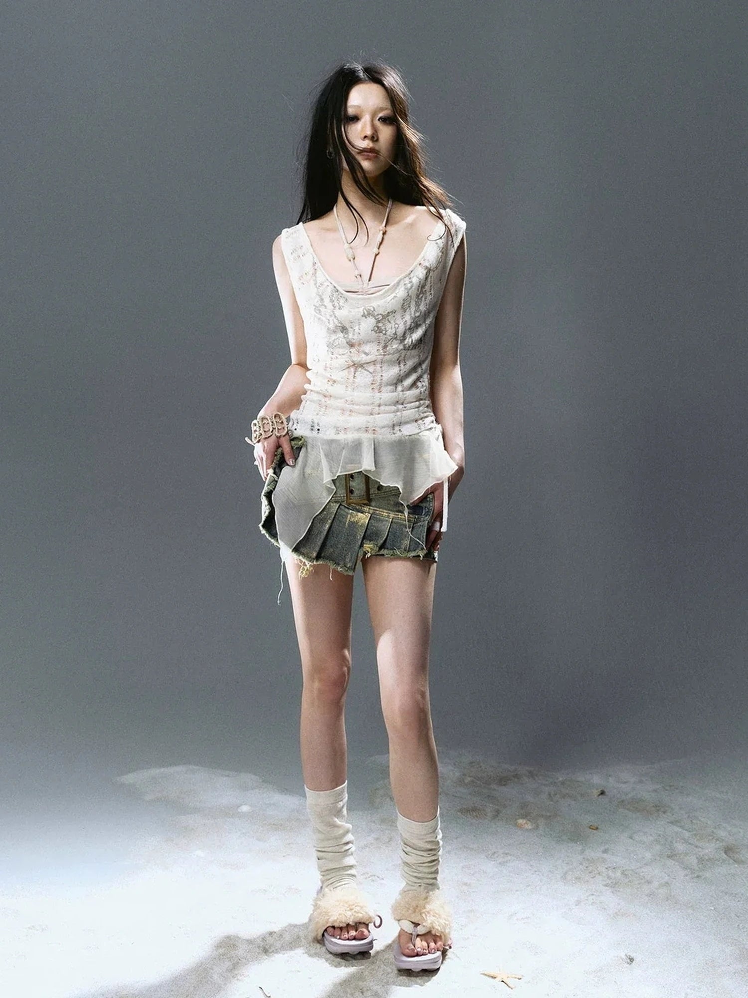 Chinese Clothing Cest Nous Update Printed Beaded Striped Chiffon Hollow Out Swing Neck Shell Top