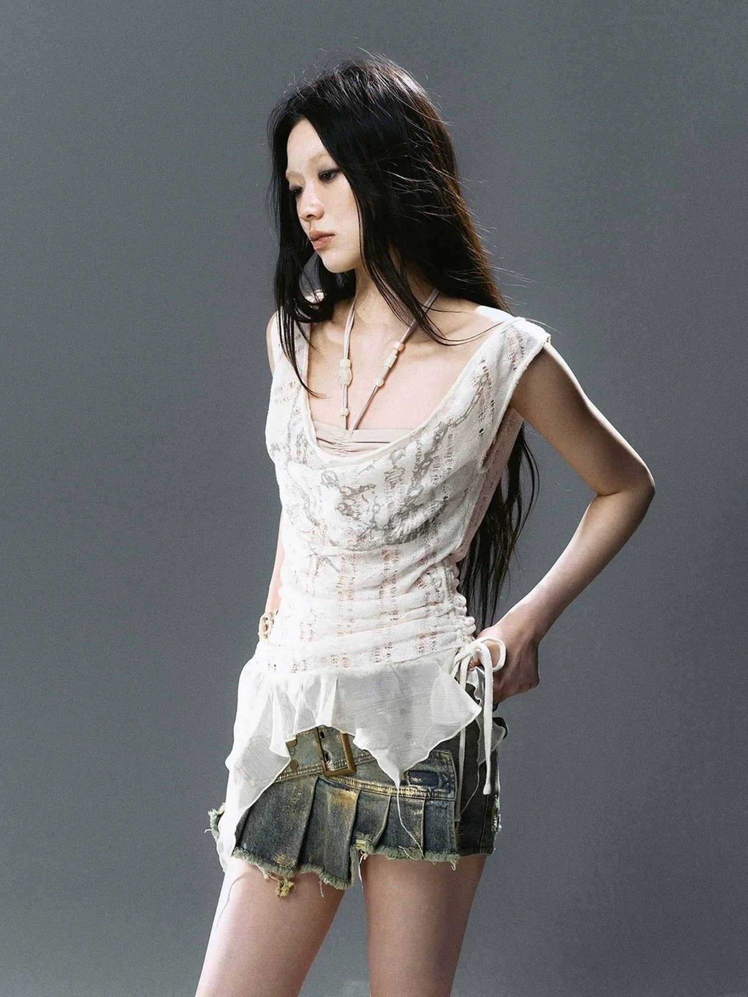 Chinese Clothing Cest Nous Update Printed Beaded Striped Chiffon Hollow Out Swing Neck Shell Top