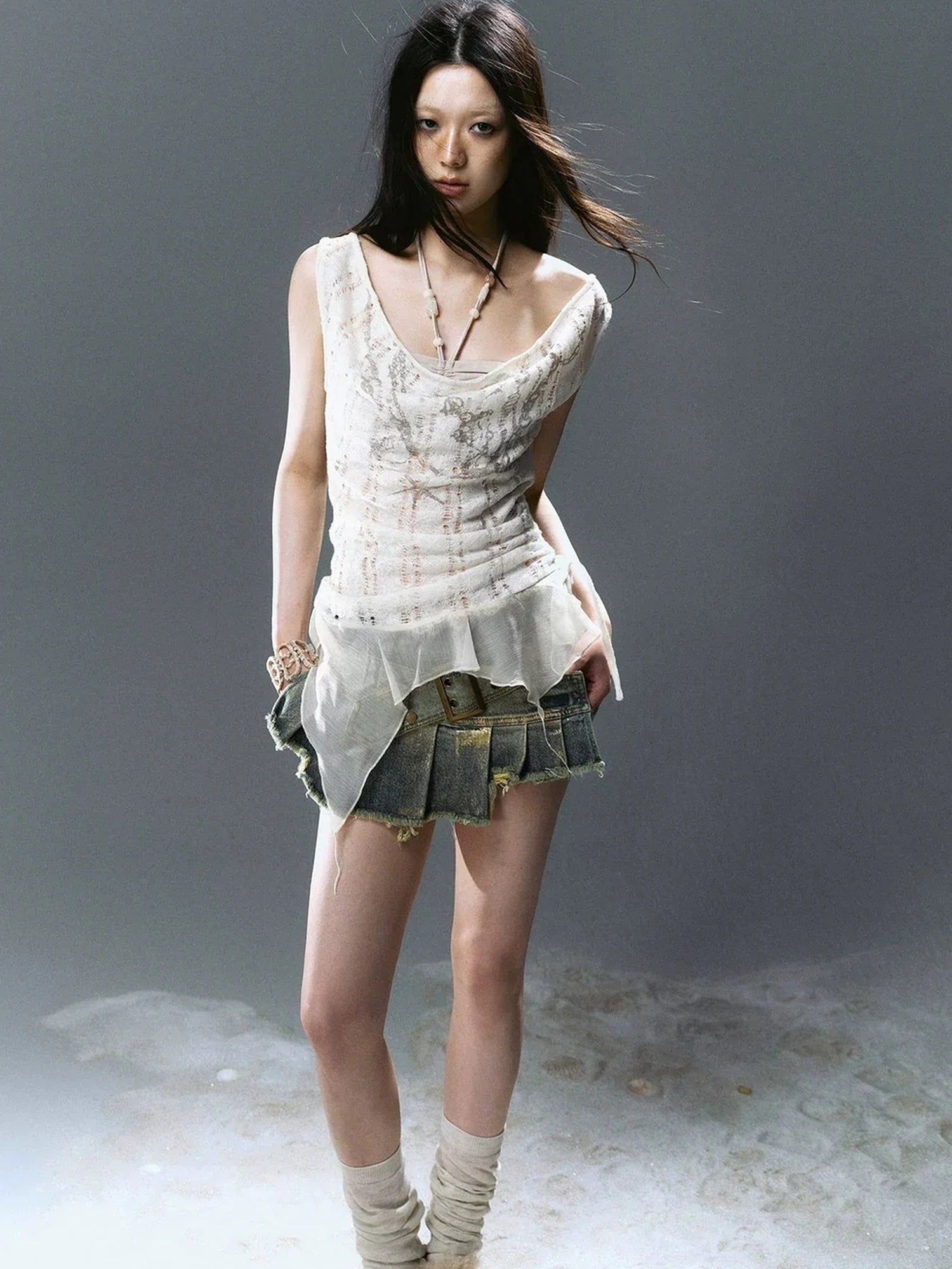 Chinese Clothing Cest Nous Update Printed Beaded Striped Chiffon Hollow Out Swing Neck Shell Top