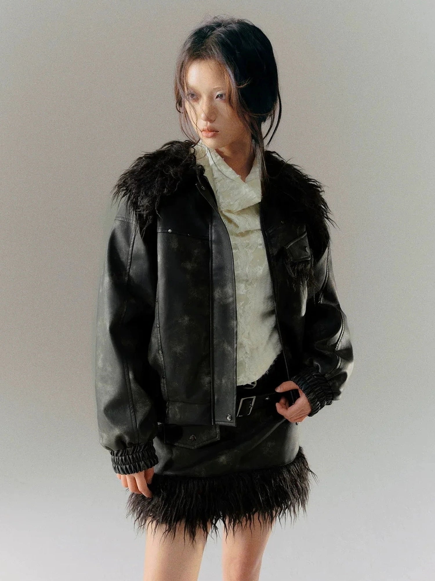 Chinese Clothing Cest Nous Update Punk Distressed Leather Paneled Mini Skirt
