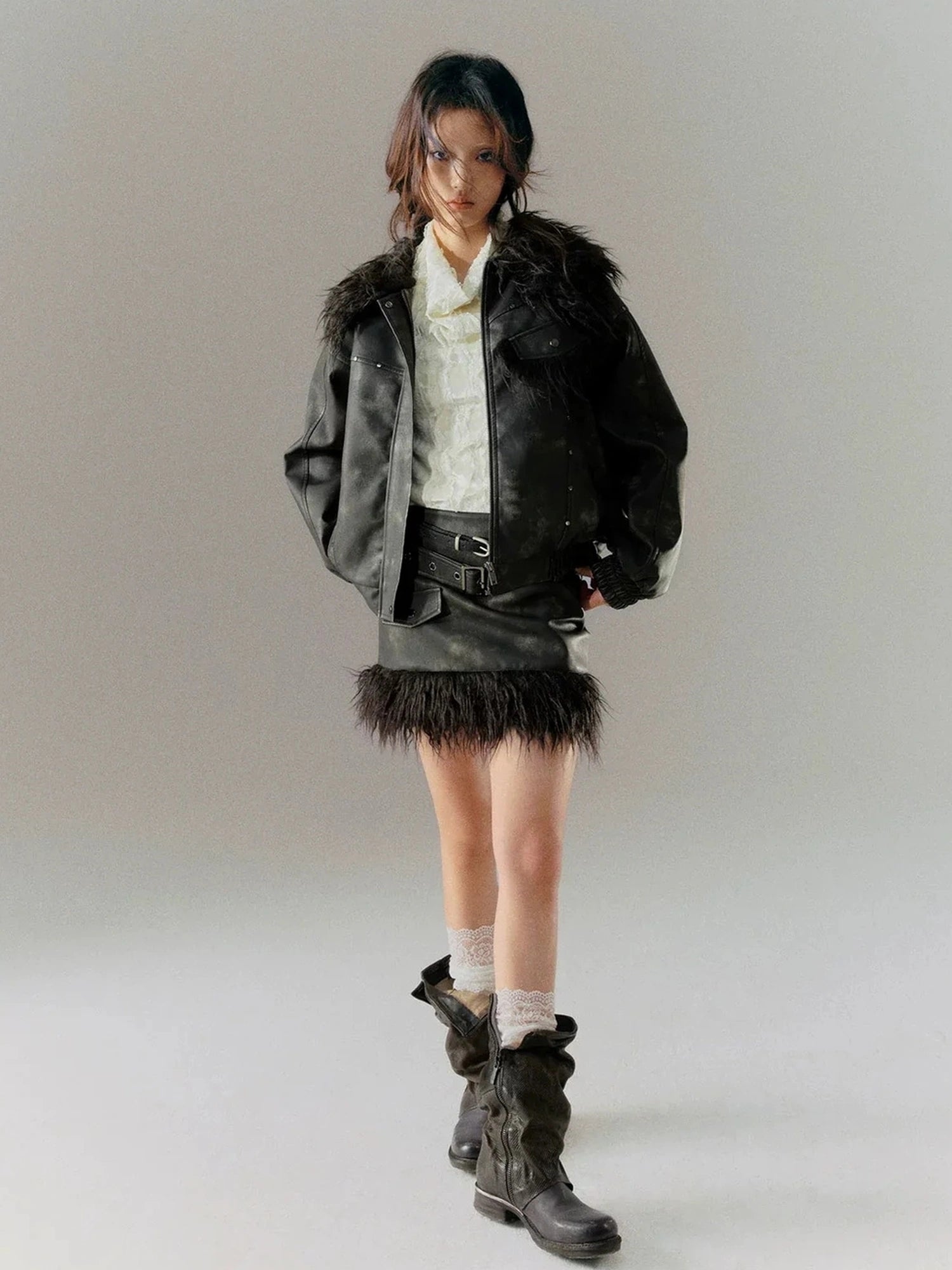 Chinese Clothing Cest Nous Update Punk Distressed Leather Paneled Mini Skirt