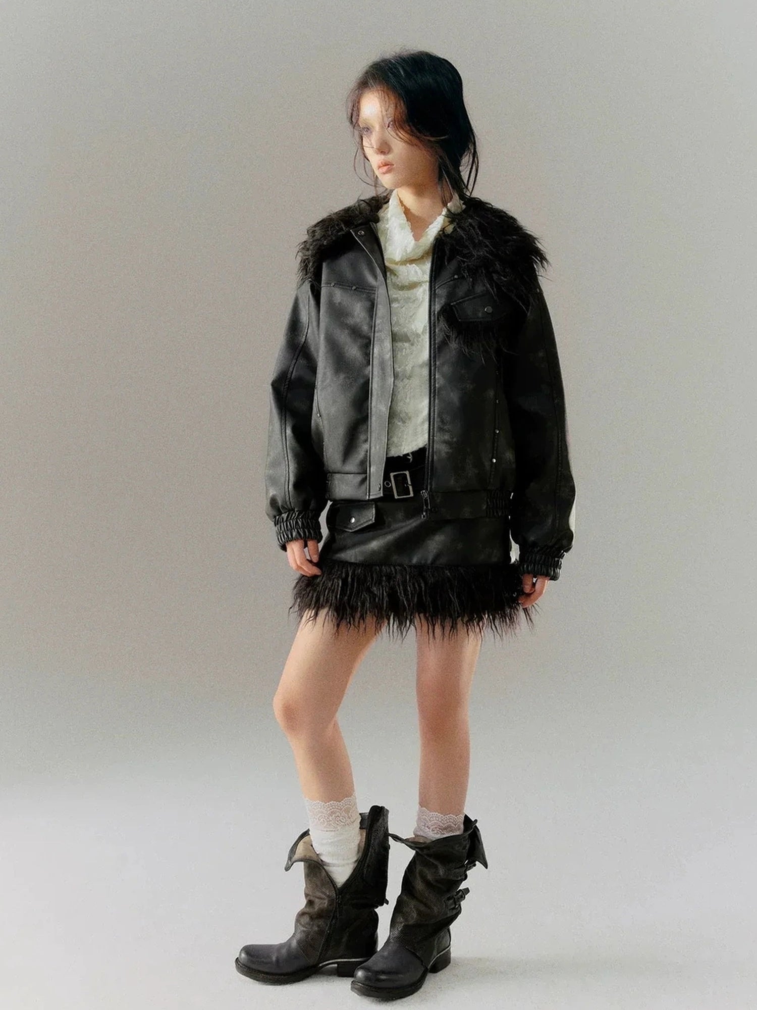 Chinese Clothing Cest Nous Update Punk Distressed Leather Paneled Mini Skirt