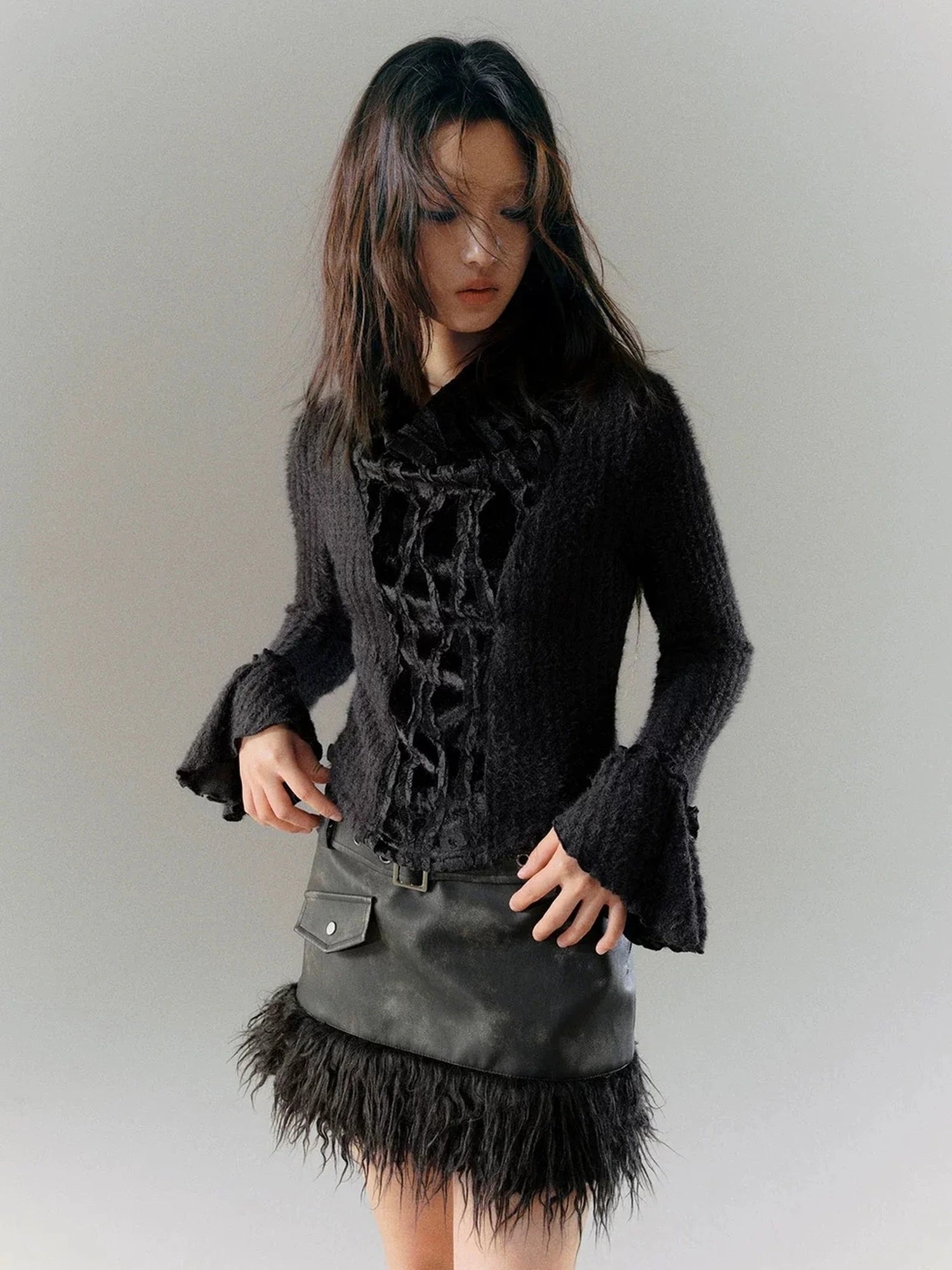 Chinese Clothing Cest Nous Update Punk Distressed Leather Paneled Mini Skirt