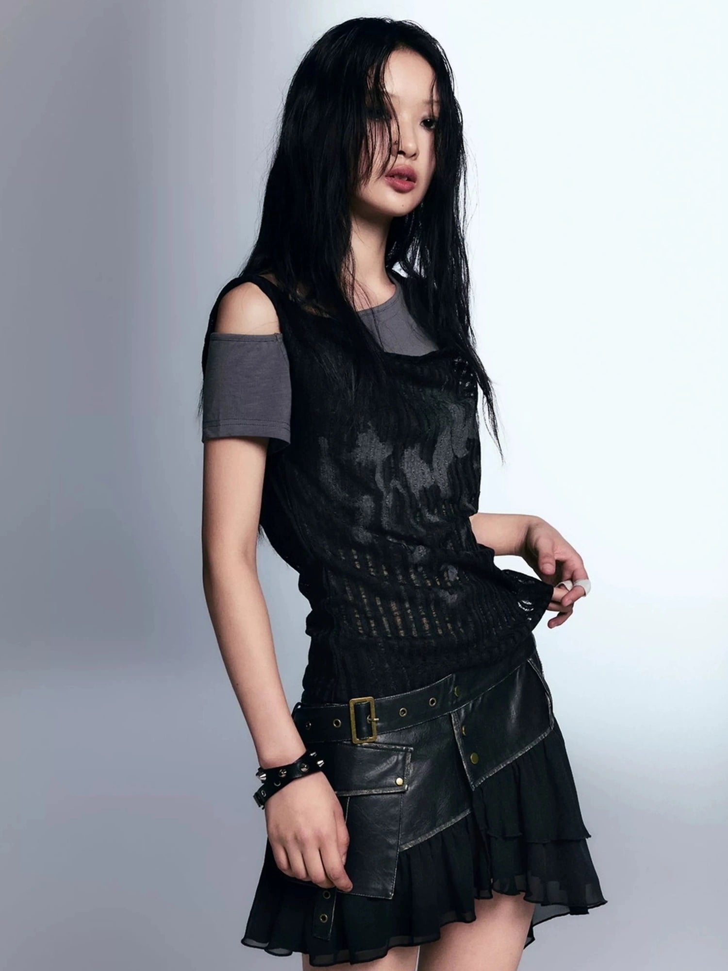 Chinese Clothing Cest Nous Update Punk Graffiti Asymmetric Tee V-neck T-shirt Long Sleeve