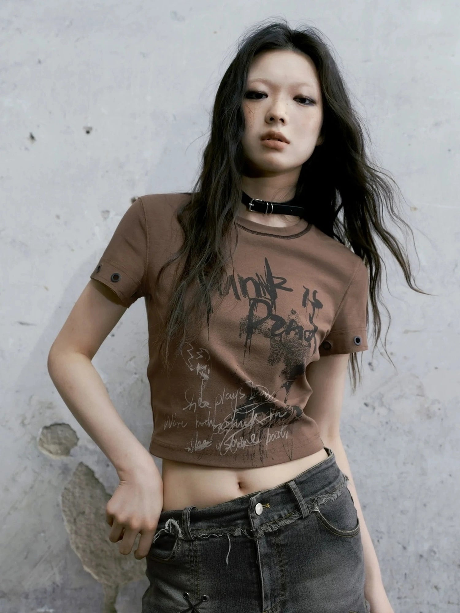 Chinese Clothing Cest Nous Update Punk Graffiti Cropped Tee V-neck T-shirt Long Sleeve