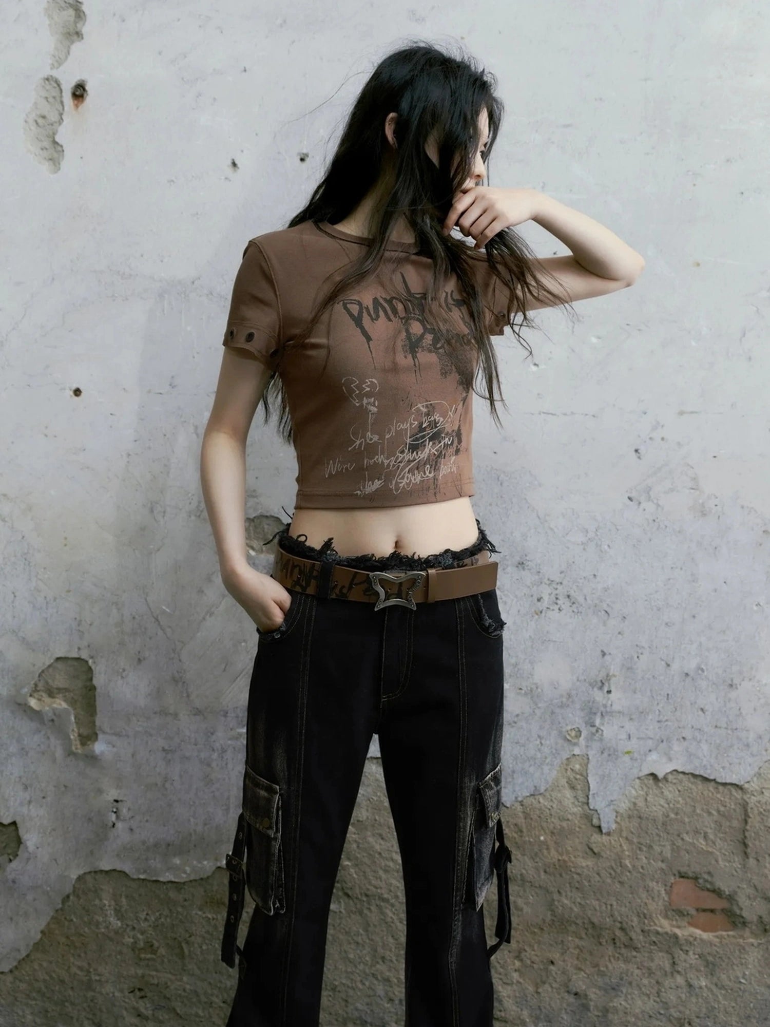 Chinese Clothing Cest Nous Update Punk Graffiti Cropped Tee V-neck T-shirt Long Sleeve