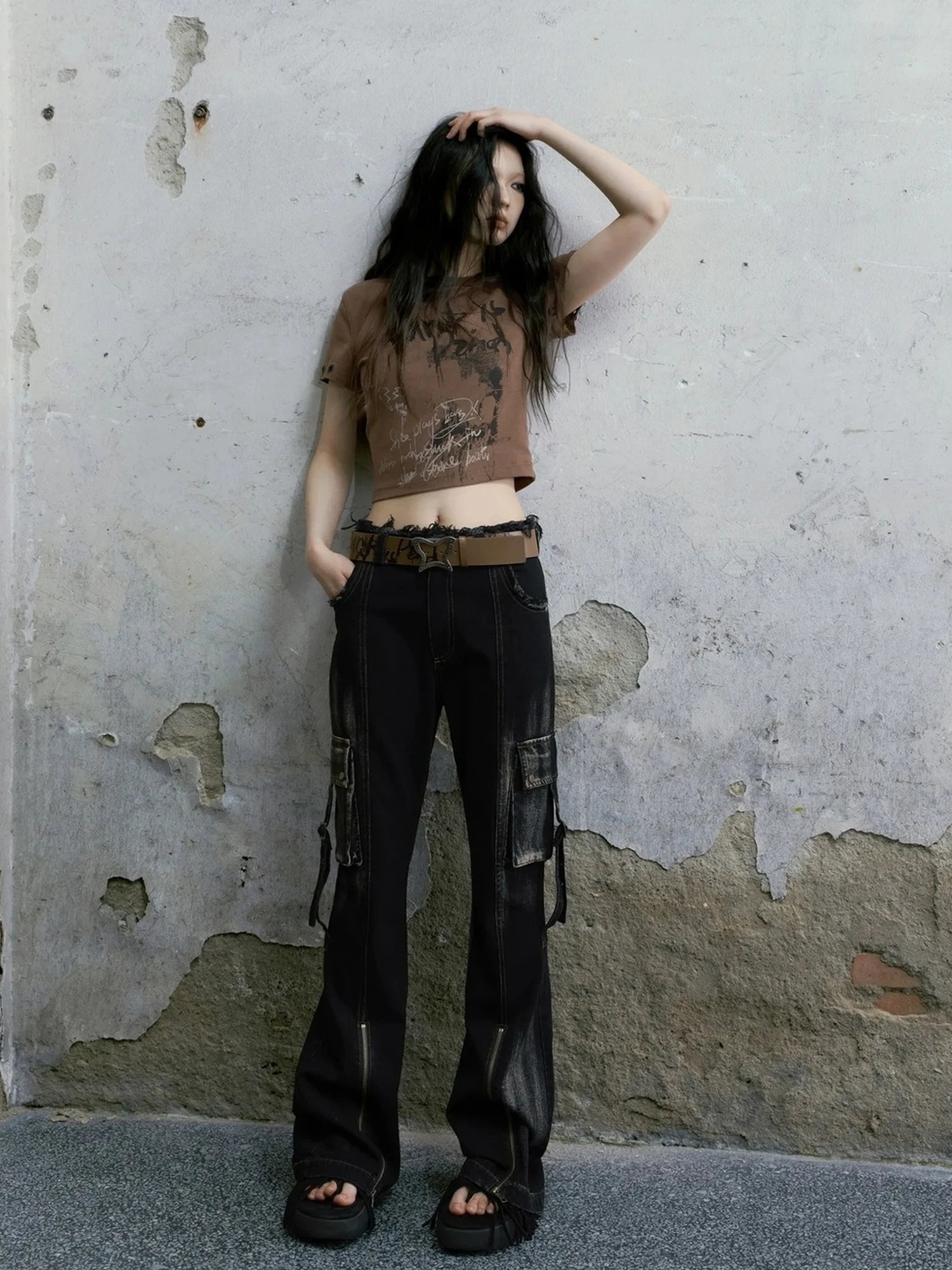 Chinese Clothing Cest Nous Update Punk Graffiti Cropped Tee V-neck T-shirt Long Sleeve