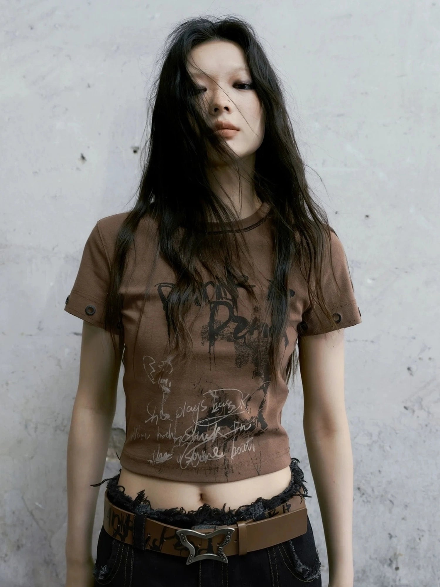 Chinese Clothing Cest Nous Update Punk Graffiti Cropped Tee V-neck T-shirt Long Sleeve