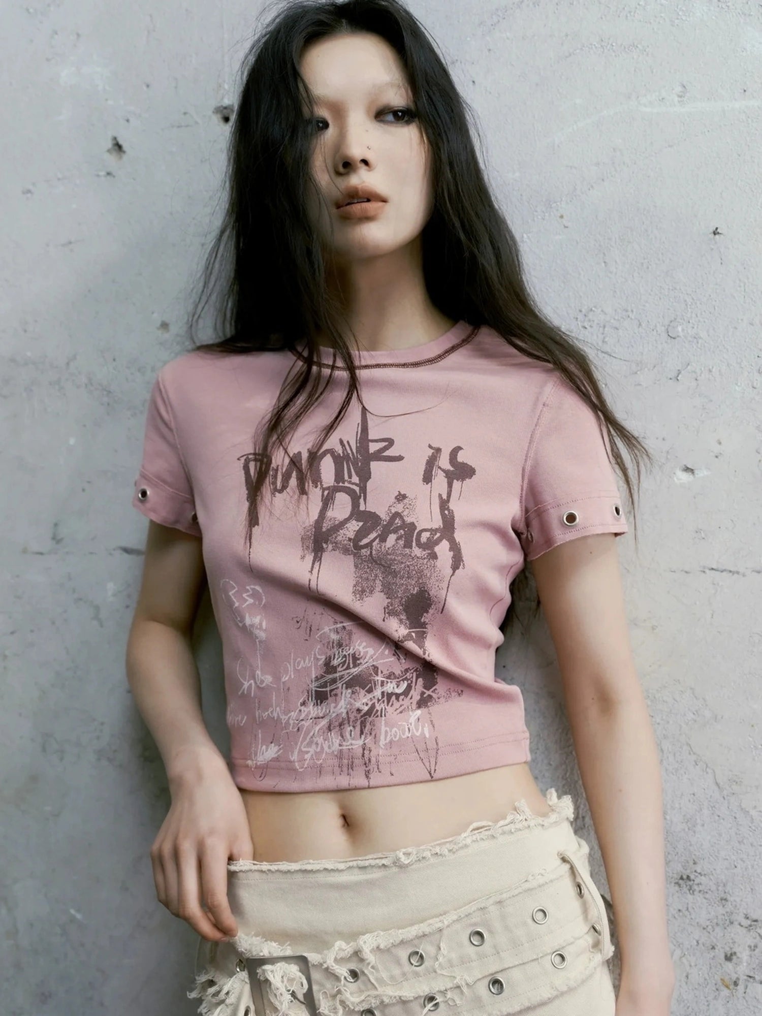 Chinese Clothing Cest Nous Update Punk Graffiti Cropped Tee V-neck T-shirt Long Sleeve