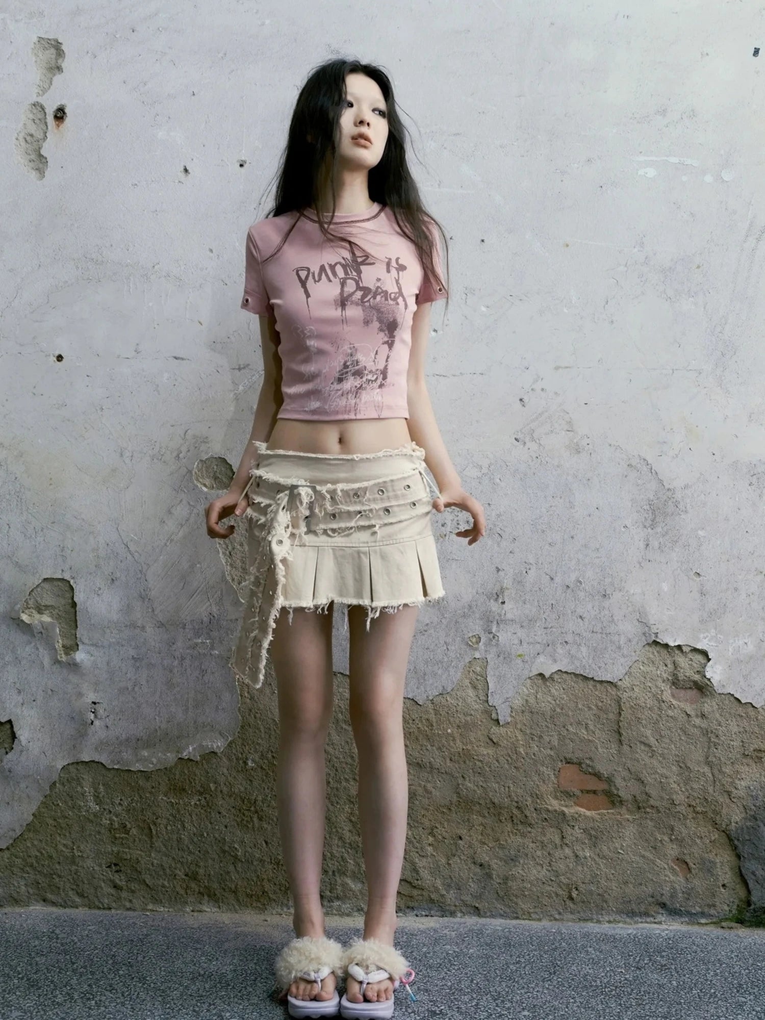 Chinese Clothing Cest Nous Update Punk Graffiti Cropped Tee V-neck T-shirt Long Sleeve